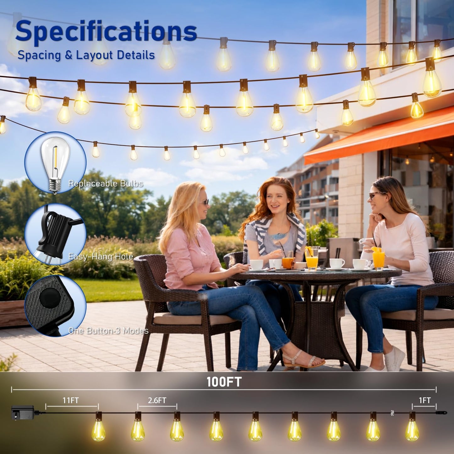 Sikitul 100FT Outdoor String Lights with Remote & Dimmable, 35+1 Shatterproof Waterproof Bulbs