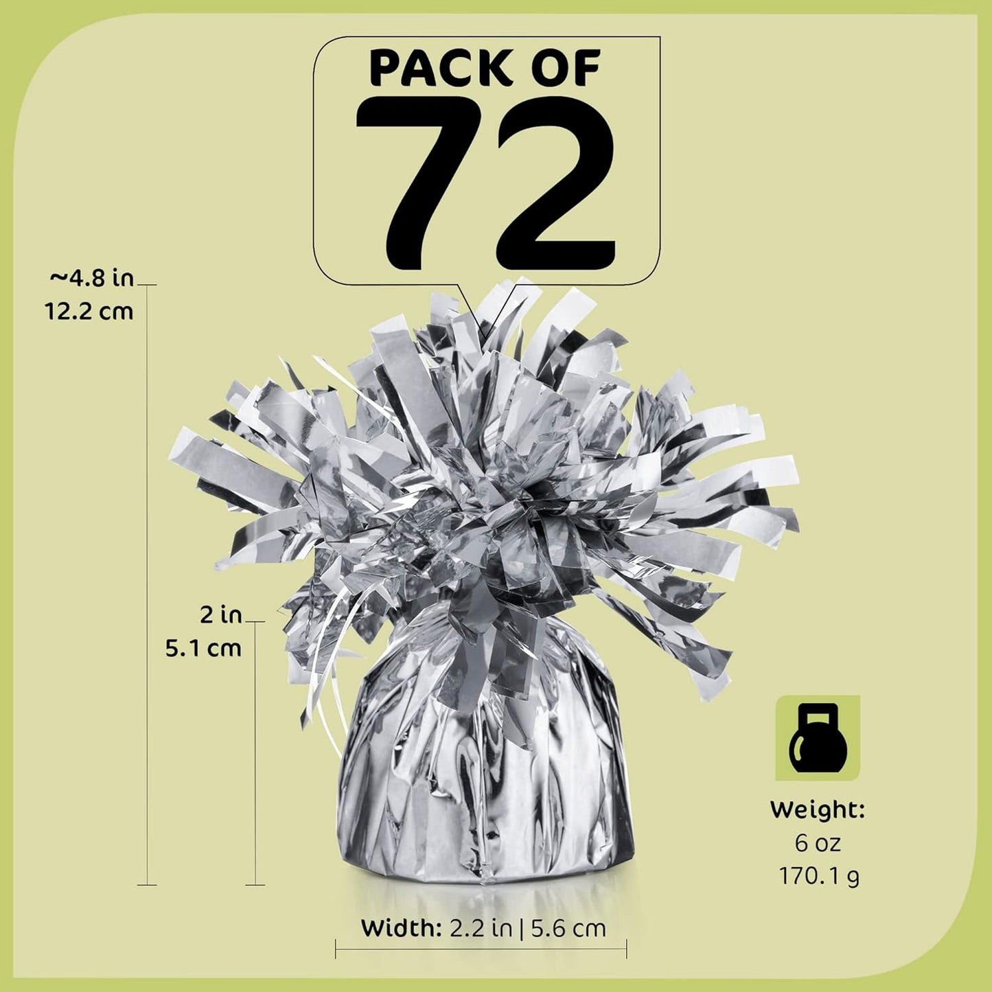 Silver Balloon Weights - Bulk Pack of 72 Heavy Metallic Foil Anchor Weights for Helium Balloons - 4.8'' Base for Bouquet Table Centerpieces & Cluster Floor Party Decorations