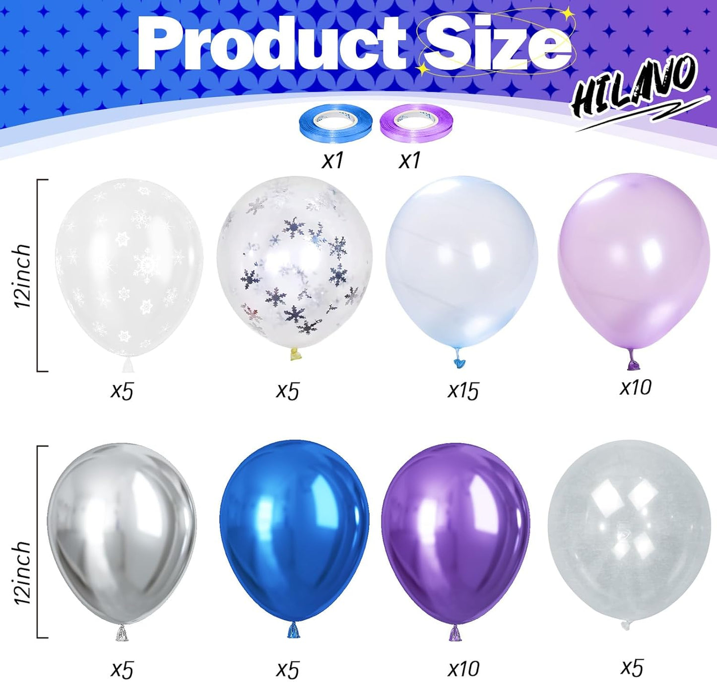 Snowflake Balloons Set, 60Pcs 12 Inch Pastel Blue Light Purple Metallic Silver Balloon with Transparent Snowflake Confetti Balloons for Ice Snow Theme Party Winter Birthday Party Decorations