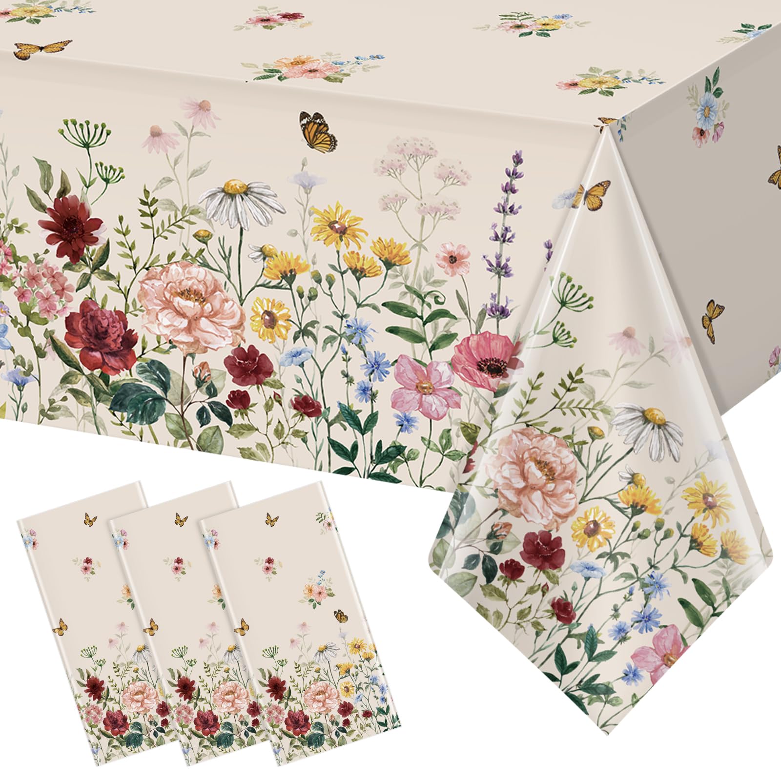 3 Pcs Spring Floral Tablecloth, Butterfly Wildflower Plastic Disposable Tablecloth Rectangle Table