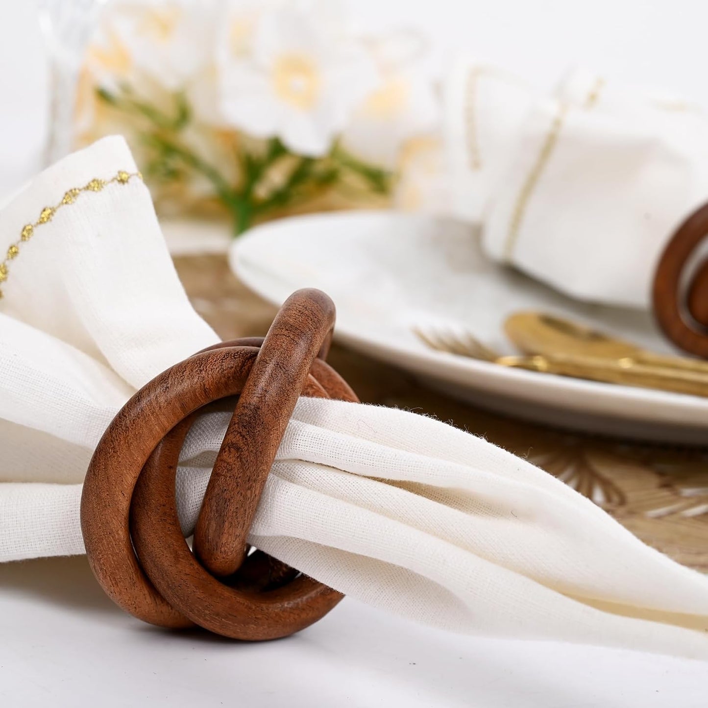 Three Ring Napkin Rings Set of 8, Decorative Handcuff Serviette Ring, Napkin Holders Bulk for Party Decoration, Dinning Table, Everyday, Family Gatherings Tabletop Décor (Brown) - CLEENTABLE