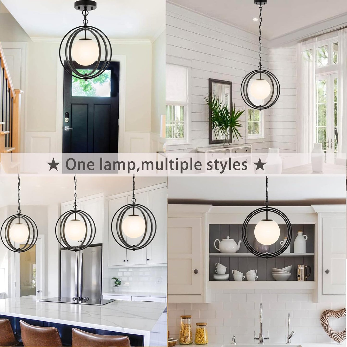 Black Orb Chandelier 1 Light Globe Pendant Light Fixtures White Globe Glass Shade Hanging Ceiling Light for Dining & Living Room, Bedroom, Foyer and Kitchen Island