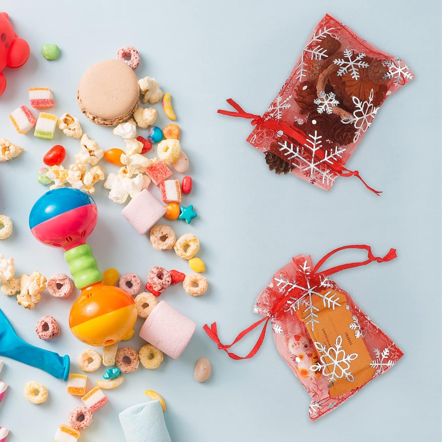 jijAcraft 3x4 Inch Christmas Organza Bags - 100Pcs Red Snowflake Gift Bags with Drawstring, Xmas Party Favor Sheer Mesh Pouches for Winter Gift, Candy, Jewelry Bag