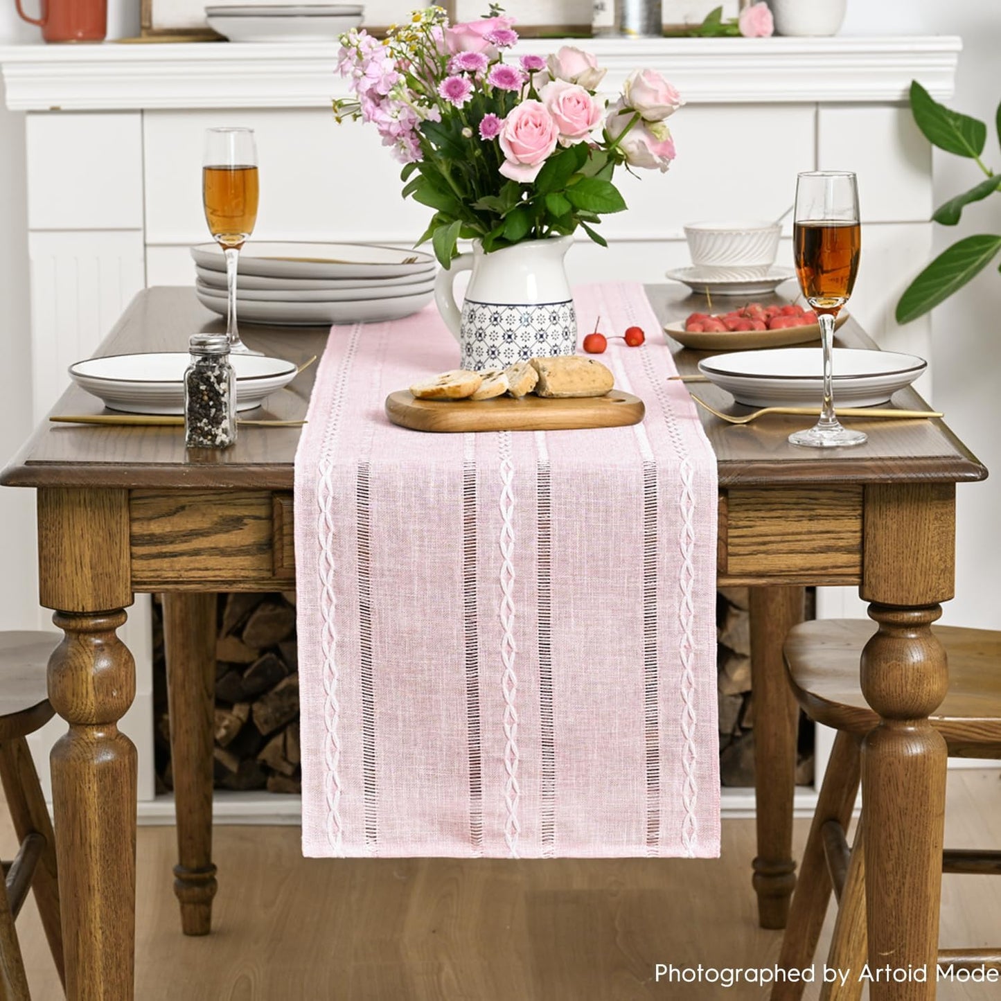 Artoid Mode Pink Rustic Cotton Linen Table Runner, Seasonal Embroidered Hollow Kitchen Dining Table Decoration for Home Party Decor 13x60 Inch