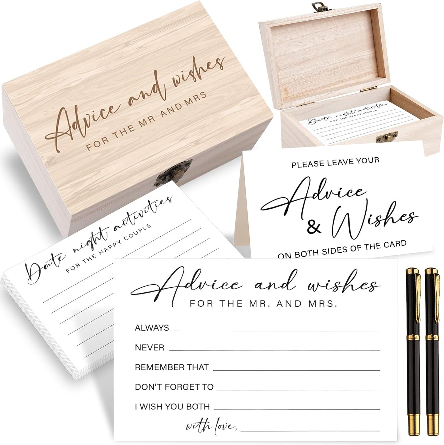 85 Pcs Advice and Wishes Cards Wooden Box Set for The Mr and Mrs,White Advice and Wishes Cards with Black Pen for the Bride and Groom,Bridal Shower,Wedding Party Game Decorations Supplies