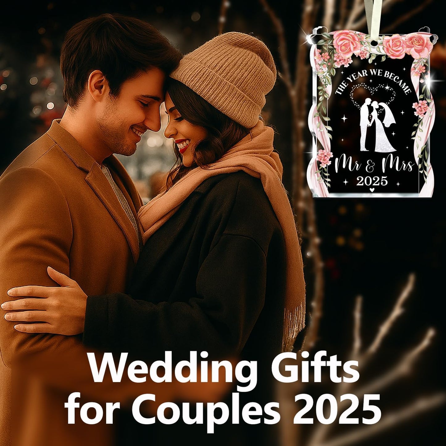 NewEleven Wedding Gifts - Mr and Mrs, Bridal Shower Decorations - Wedding Gifts for Couples 2025, Bride Gift for Friends - Just Married Glass 2025 Ornament