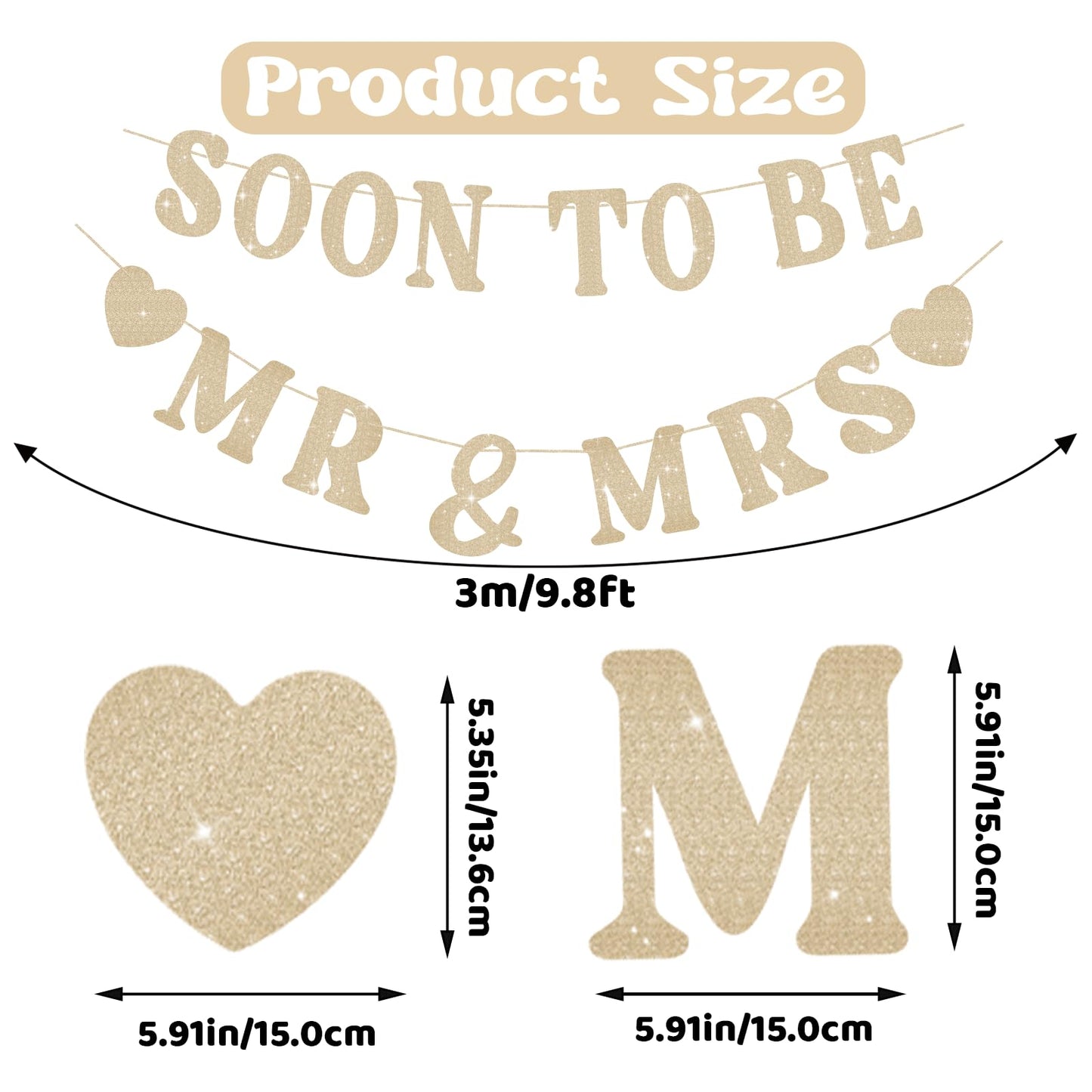 SerpizePaty Soon To Be Mr & Mrs Sign Banner For Bridal Shower Decorations, Pre-strung Gold Glitter