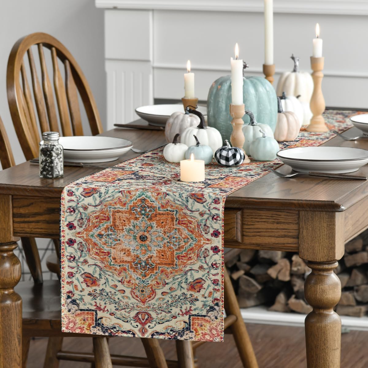 Artoid Mode Boho Bohemia Style Orange Table Runner, Country Rustic Farmhouse Magical Fall Kitchen Dining Table Decoration for Home Party Decor 13x90 Inch