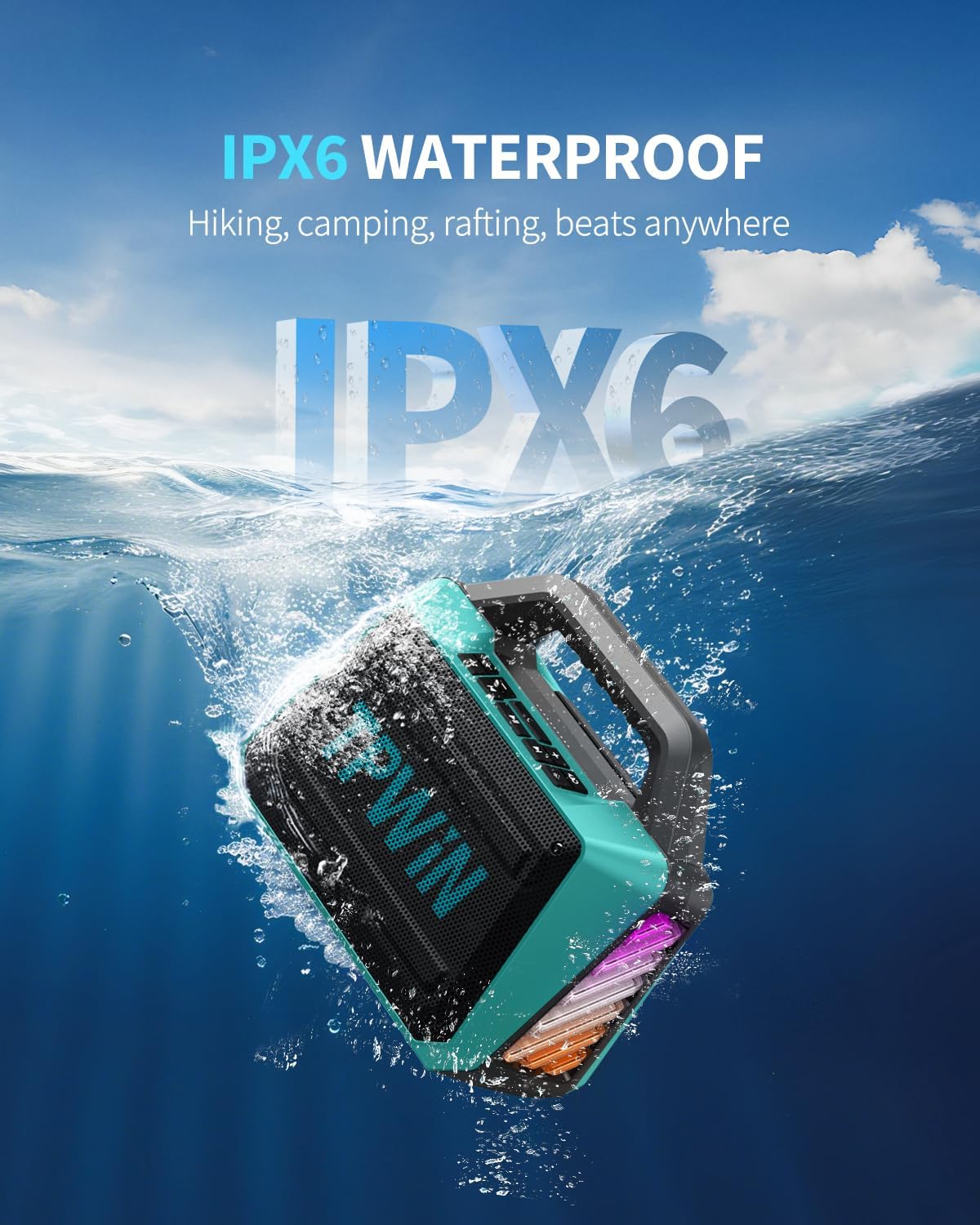 Powerful 80W Outdoor Bluetooth Speaker: IPX6 Waterproof, Rugged, 20H Playtime, Deep Bass, Lightshow, TWS, BT 5.3 Wireless, Portable for Travel Hiking Camping Beach Pool - Teal
