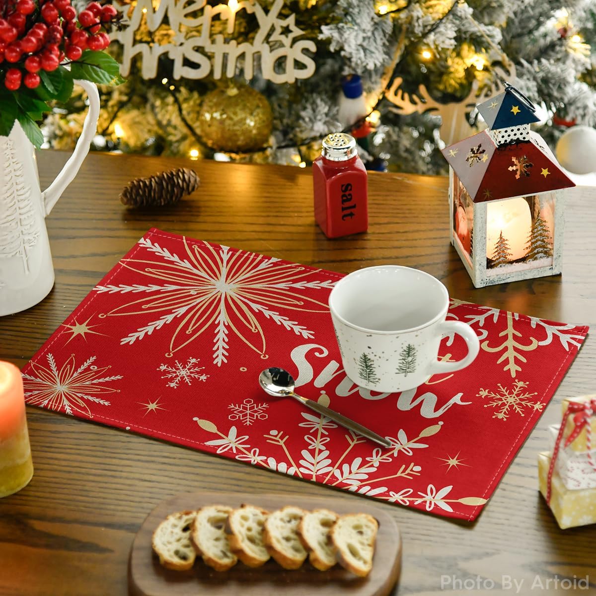 Artoid Mode Red Snowflake Let It Snow Winter Placemats for Dining Table, 12 x 18 Inch Seasonal Christmas Washable Table Mats Set of 4