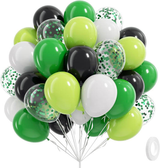 60pcs 12inch Green and Black Balloons, Black White Lime Green Confetti Balloons for Football Theme Party Baby Shower Video Game Birthday Decorations