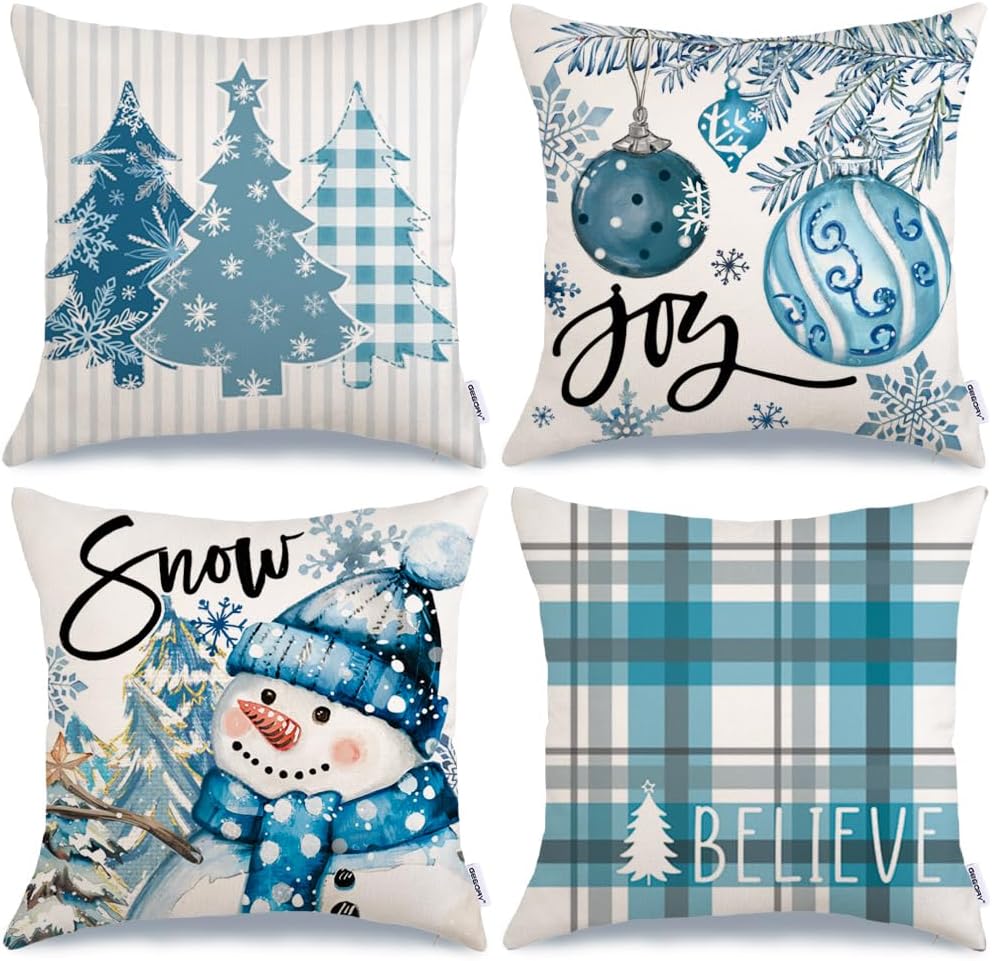 GEEORY Winter Christmas Throw Pillow Covers 16 x 16 Inch Set of 4, Xmas Trees Snowflake Snowman Joy Plaid Holiday Farmhouse Decorative Cushion Cases for Home Decoration G582-16