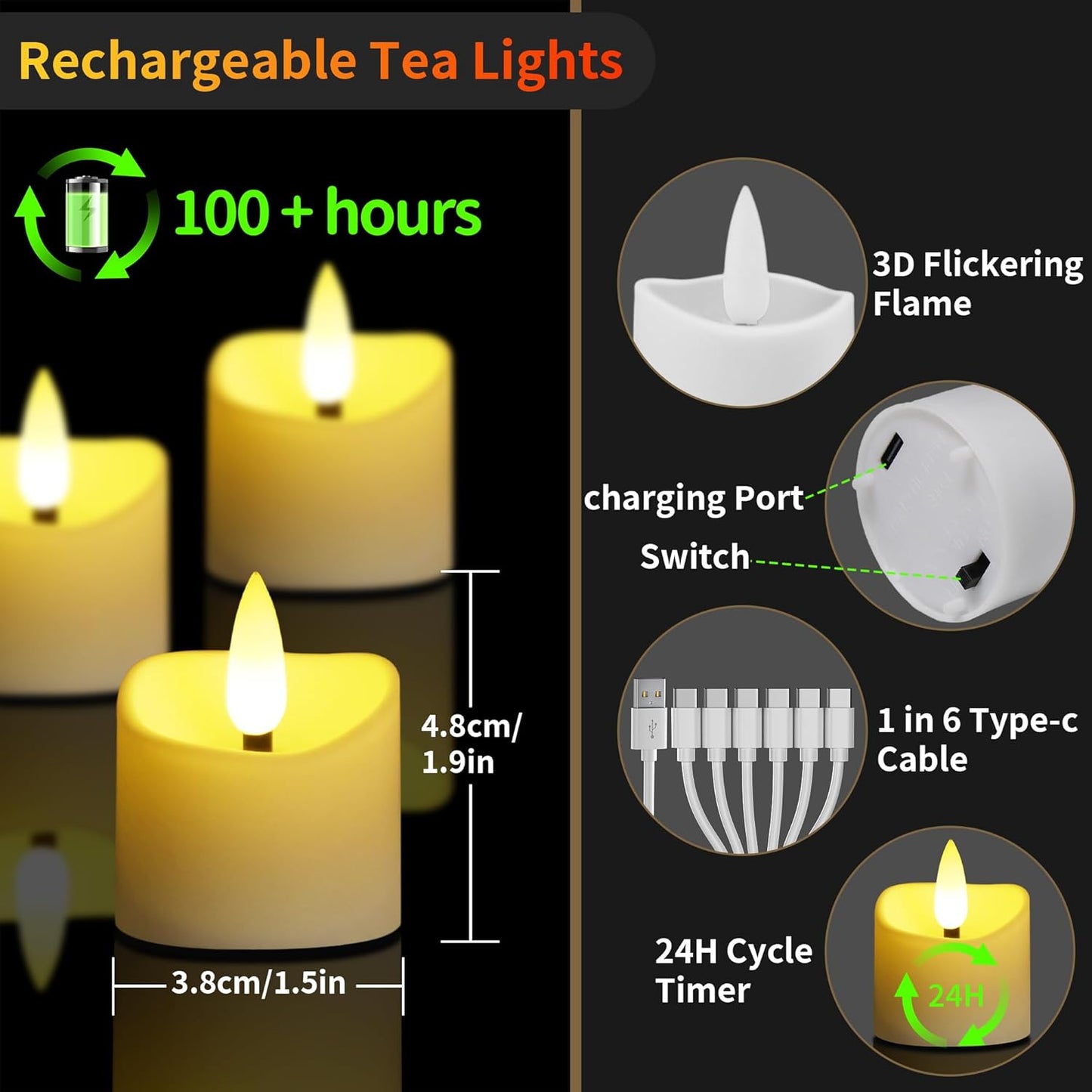 YiaMia Rechargeable Tea Lights with Remote, Flameless LED Candle with 24H Cycle Timer, Battery Operated Tea Lights for Votive, Weddings, Parties, Halloween, Christmas, Home Decoration (6)