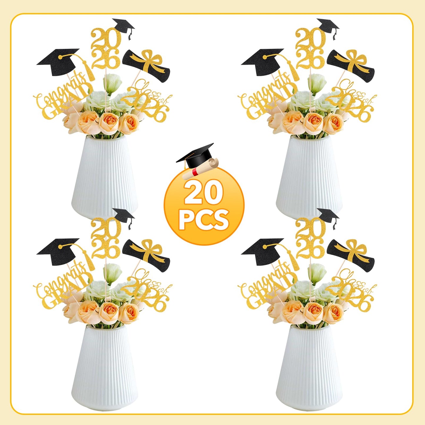 Cyunda Graduation Decorations 2026, 20 PCS Sparkling Black and Gold Double-Sided Centerpiece Sticks