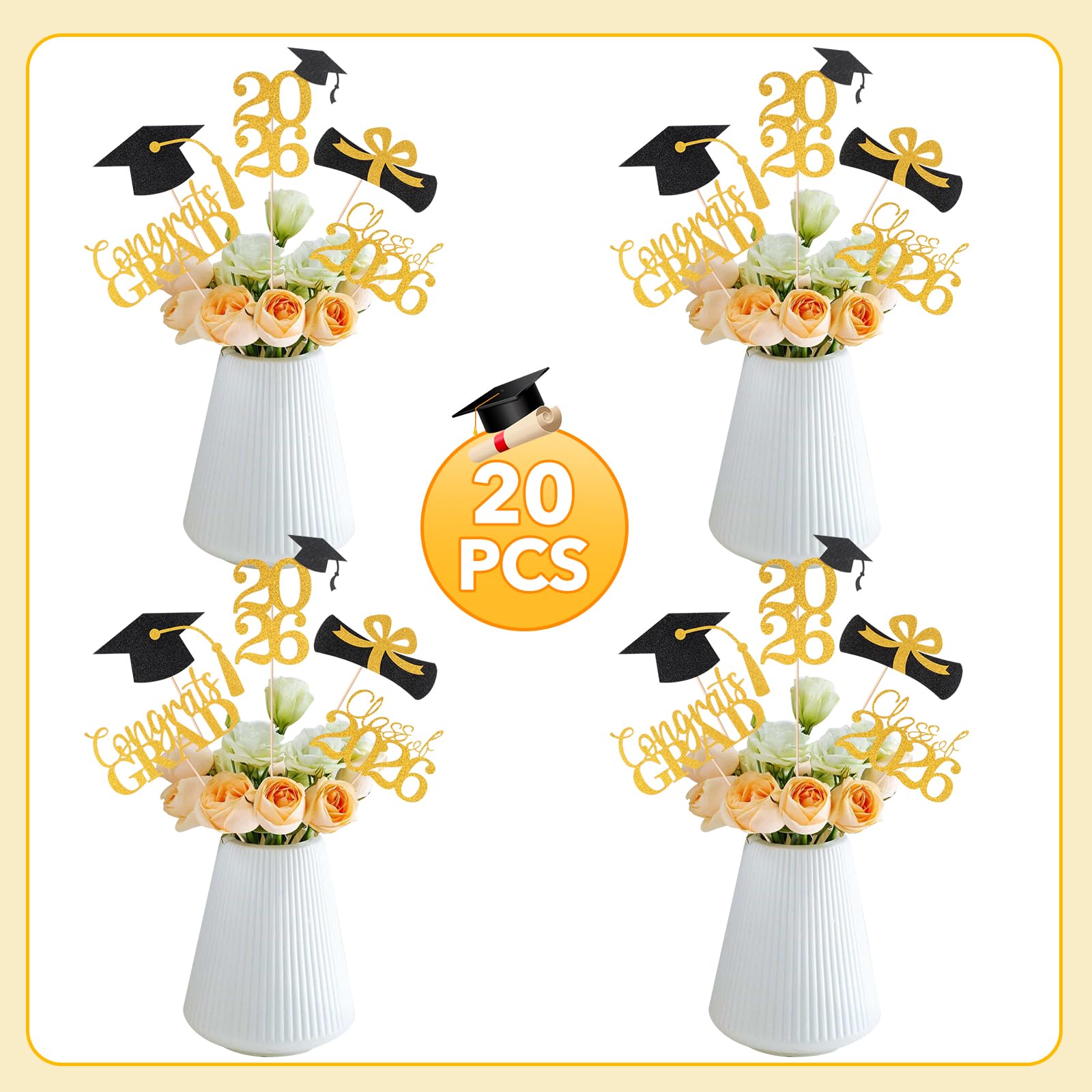 Cyunda Graduation Decorations 2026, 20 PCS Sparkling Black and Gold Double-Sided Centerpiece Sticks