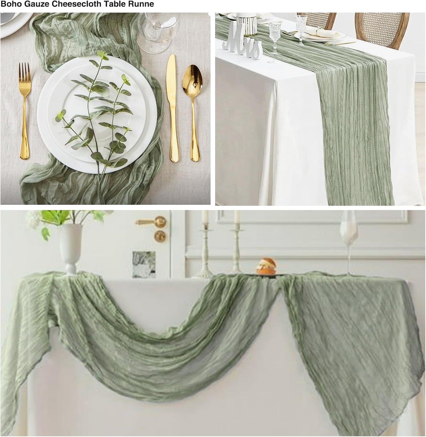 20 Pack Sage Green Cheesecloth Table Runner 17x108 Inch Boho Wrinkled Sheer Romantic Gauze Cheese Cloth Table Runner Bulk Decor for Wedding, Bridal Shower, Birthday Party