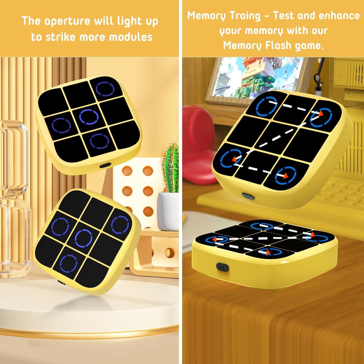 Tic-Tac-Toe Bolt Game, 4-in-1 Handheld Puzzle Games Console, Electronic Tic-Tac-Toe Game for Educational and Memory Growth, Portable Travel Games for Car Ride, Board Games for Kids and Adults (Yellow)