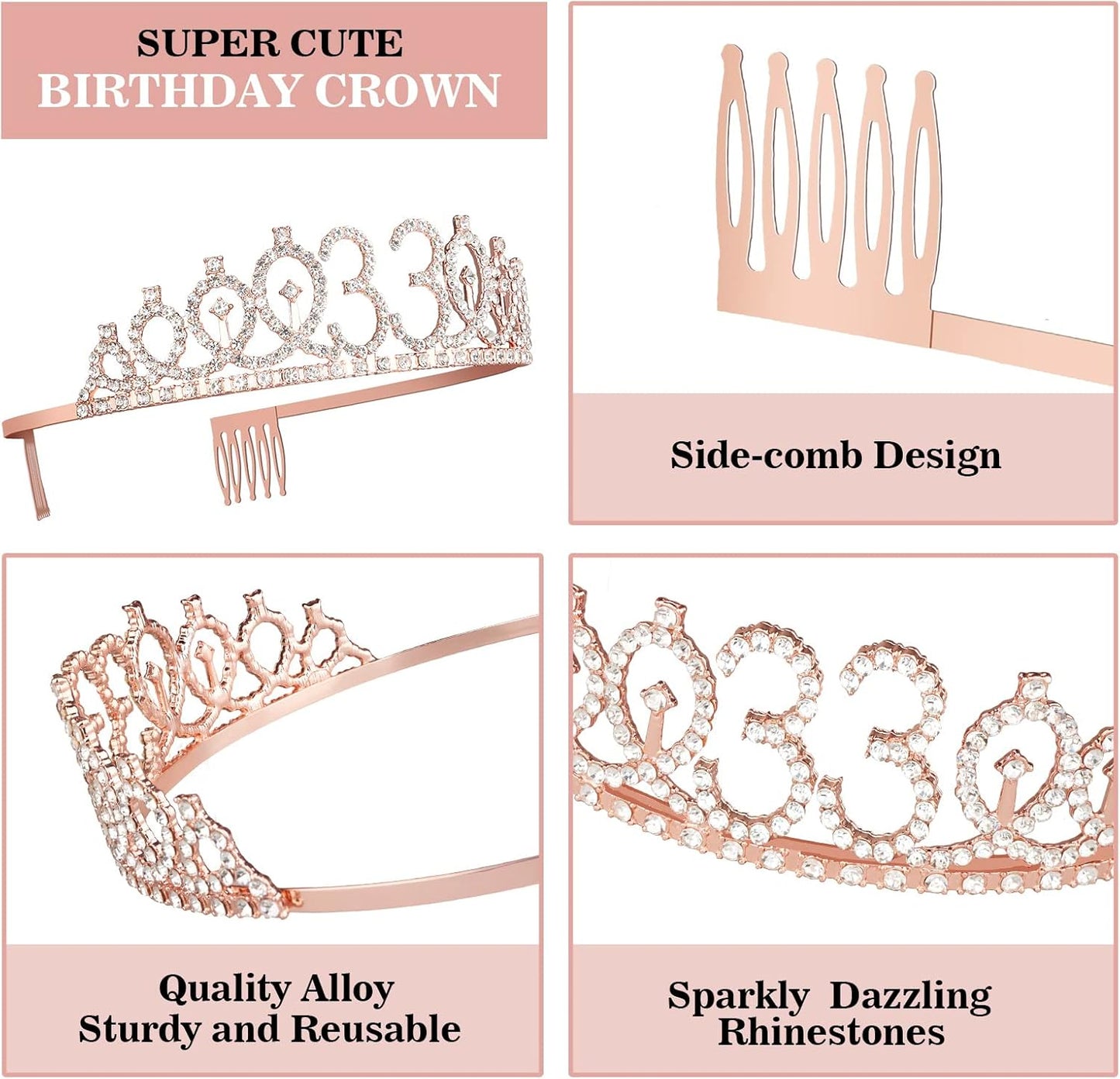 33 Birthday Decorations for Women Including Birthday Sash, Tiara/Crown, Numeral Candles and Cake Topper, 33 Year Old Gifts for Women, Rose Gold Party Decor Supplies