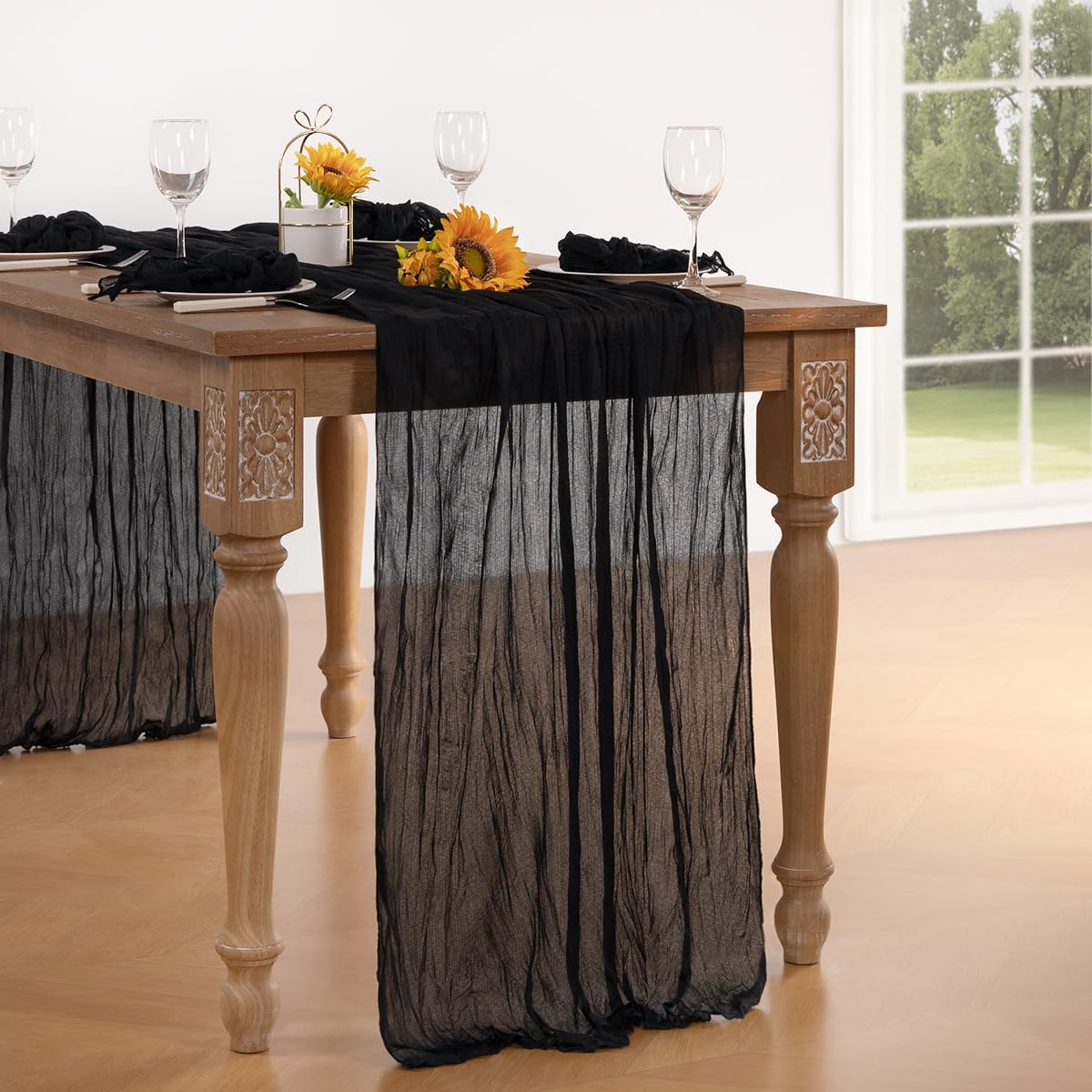 Black Halloween Table Runner Black Cheesecloth Table Runner 120 Inches Boho Gauze Fall Table Decorations for Halloween Wedding Bridal Baby Shower Party Decor