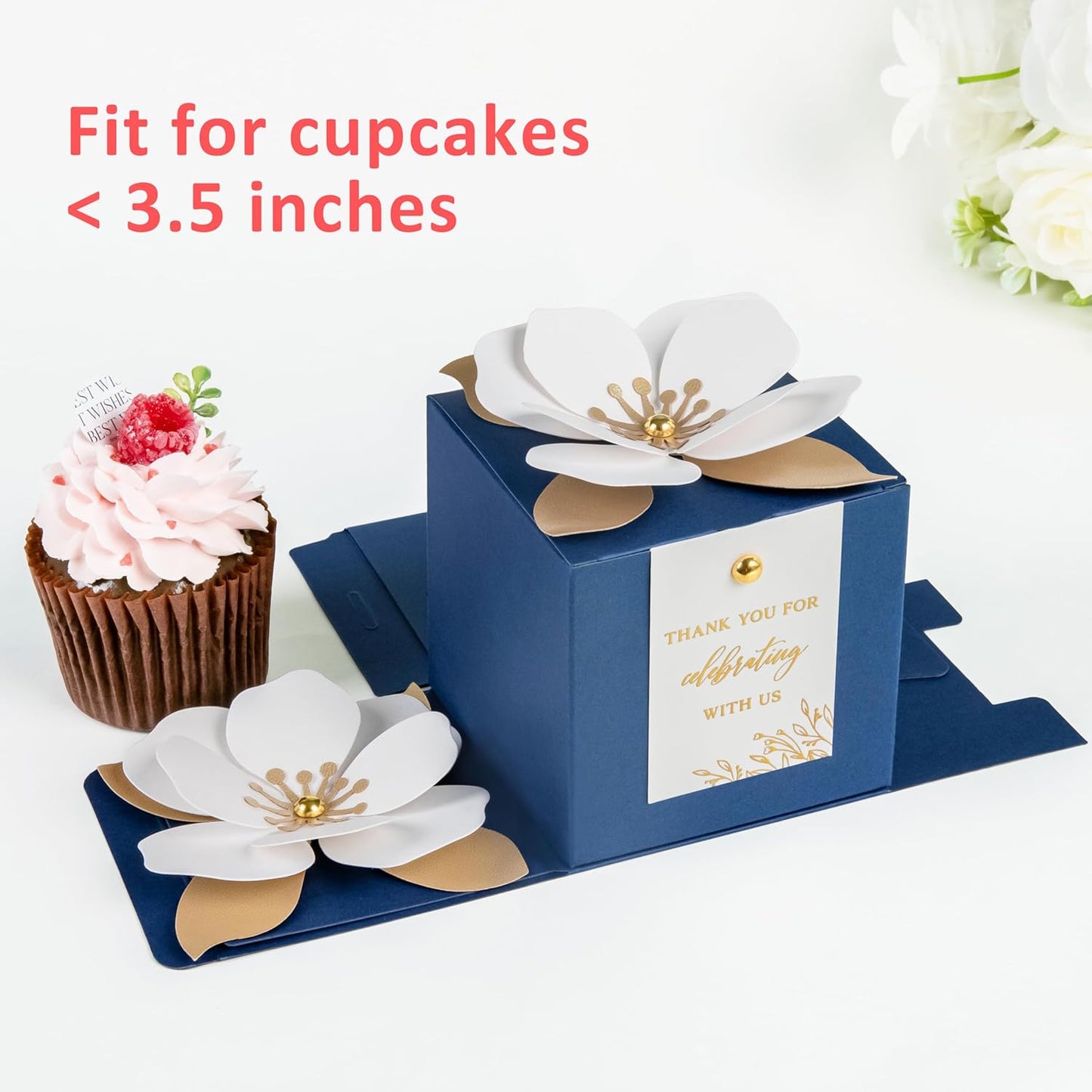 FEIYI 20 PCS Navy Blue Gift Boxes, 3 In 1 Favor Boxes with Floral Decor, White Thank You Tags Cupcake Containers Gift wrapping for Wedding, Baby Shower, Birthday, Decorations Party - 3.55x3.55x3.55
