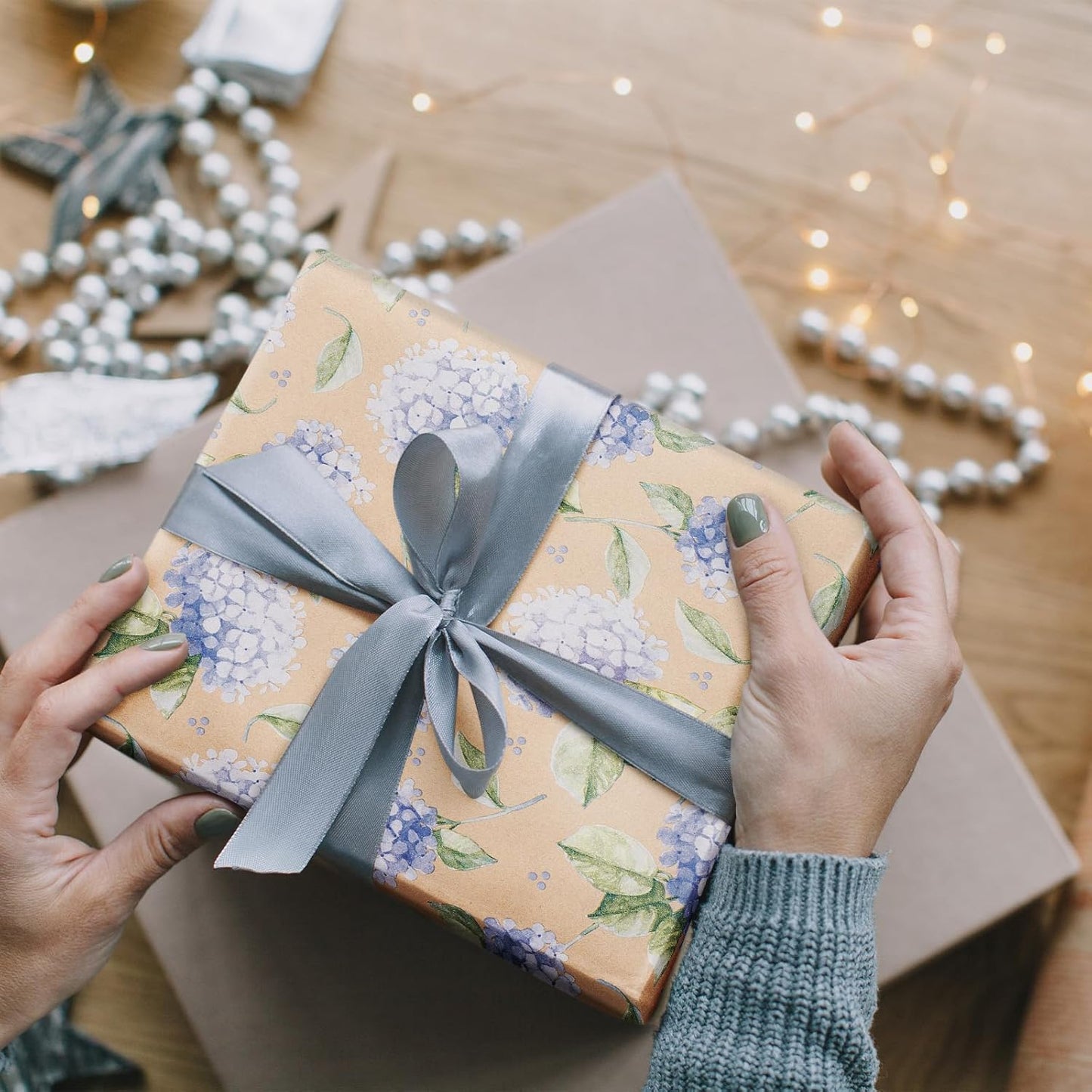 RUSPEPA 30" X 32.8' Hydrangea Wrapping Paper Large Kraft Paper Roll, Jumbo Roll, Purple Floral Kraft Gift Wrap for Women, Girl, Spring, Wedding and Mother's Day Celebration, 82 sq. ft