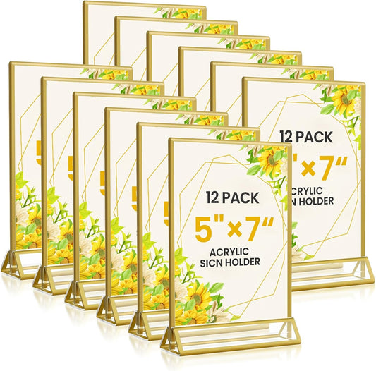 Acrylic Gold Sign Holders 5x7, 12 Pack Wedding Gold Table Number Holders, Double Sided Photo Display Picture Frame Paper Stand, Clear Flyer Stand Menu Holder for Wedding, Home, Party, Restaurant