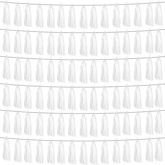 6P White Foil Fringe Metallic Tassel Streamers Banner Tassel Garland for Parade Floats, Graduation, Wedding, Birthday, Graduation, Christmas, Bridal/Baby Shower Party Decorations