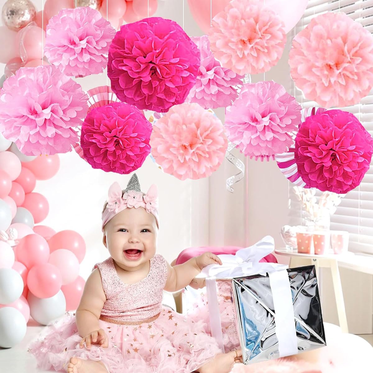 12pcs 10in 12in Pink Pack Paper Pom Poms Tissue Paper Party Pink Decor Flower Hanging Paper Flower Balls Wedding Party Flower Decorations DIY Art Craft Blooms for Birthday Baby Shower Nursery Decor