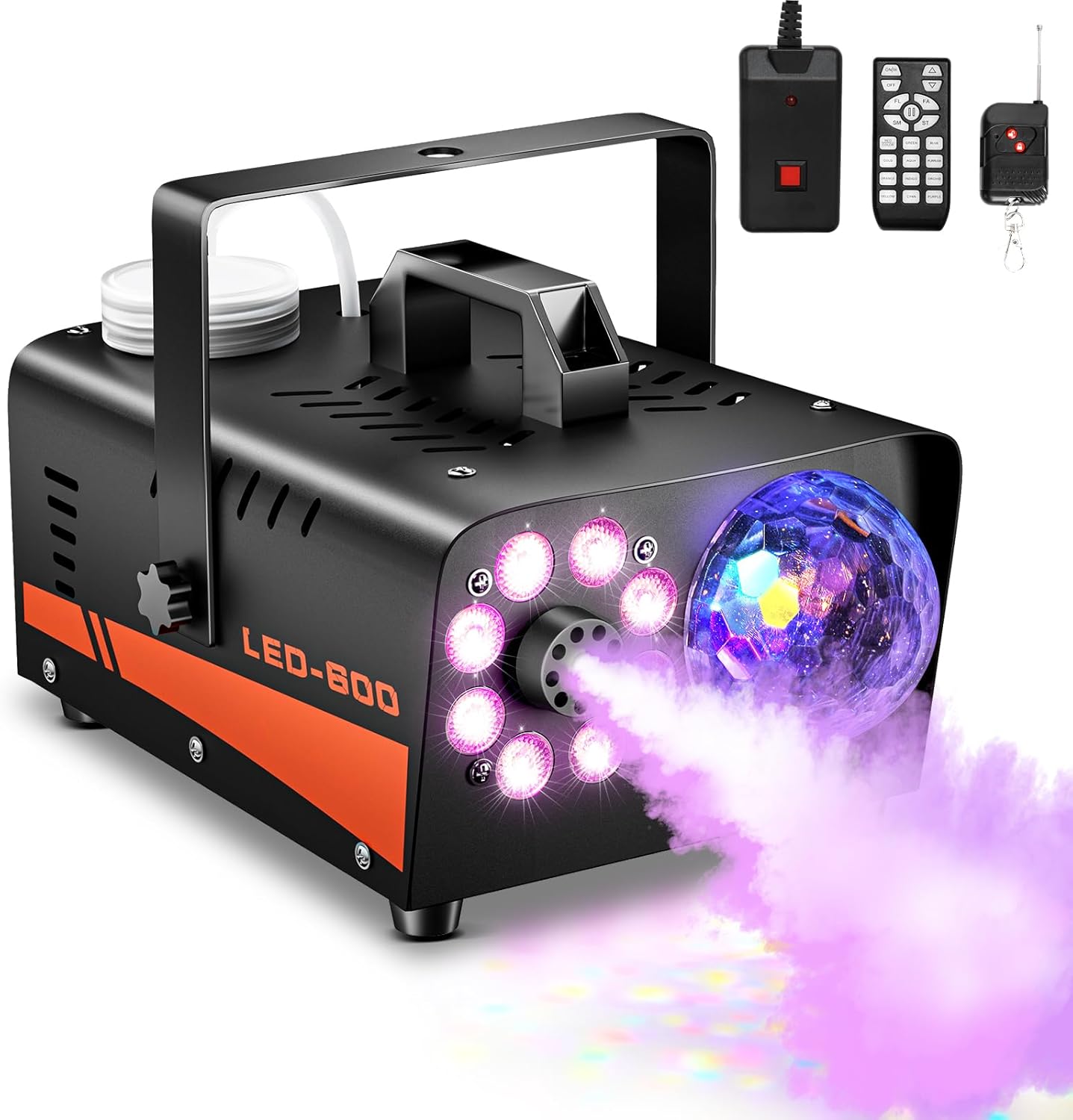 Fog Machine, Halloween Smoke Machine with Disco Ball Lights, 600W and 3000CFM with 13-Color LED Effects, Wired And Wireless Remote Controls, Ideal for Indoor, Outdoor, Wedding, Parties, and DJ Stage