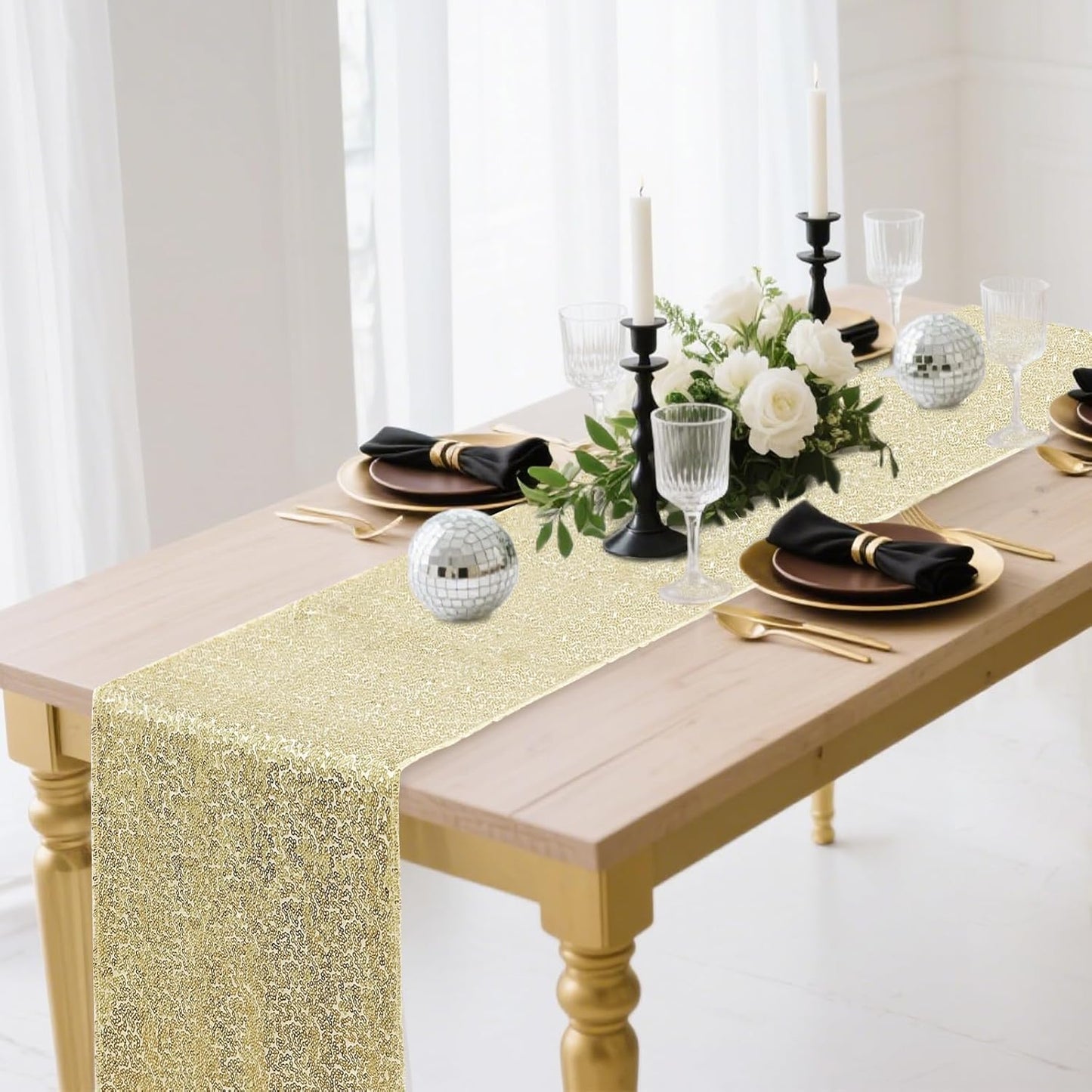 10 Packs 12 x 72 inches Sequin Table Runner, Champagne Glitter Table Runner for Birthday Party Supplies Wedding Engagement Baby Shower Holiday Celebration Event Decorations