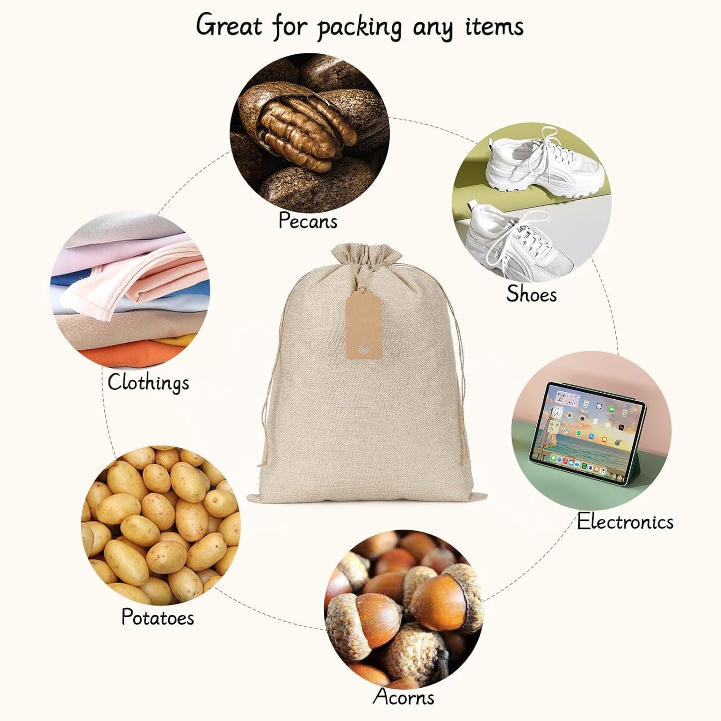 Tapleap Burlap Gift Bags with Drawstring - 10Pcs 12x16 Original Sacks with String and Tags for Wrapping Halloween Favors, Breads, Wine, For Birthday, Wedding or Household Use