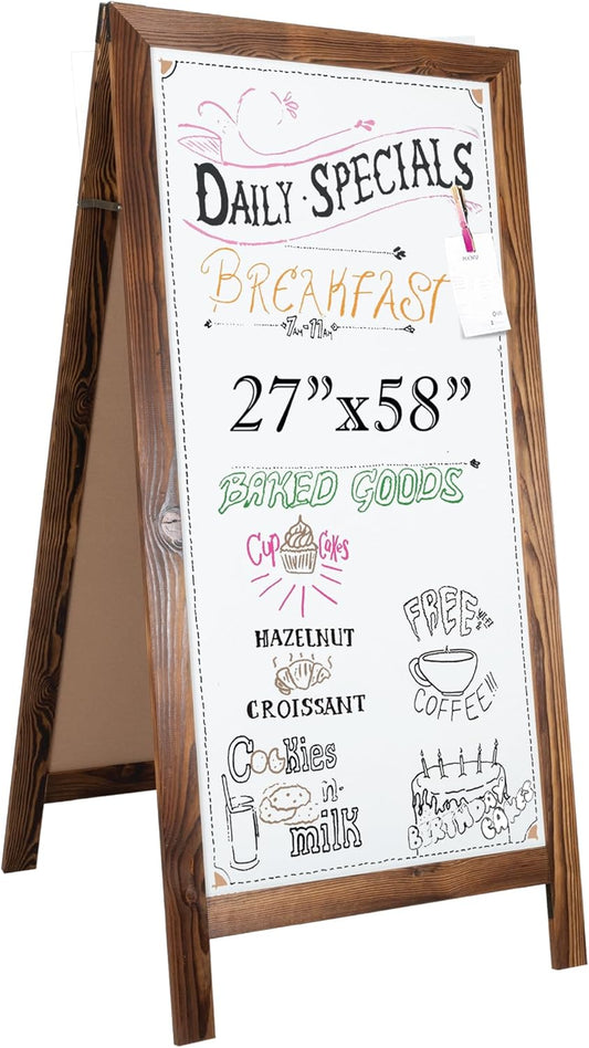 Ilyapa Wooden Dry Erase A Frame Sign - Magnetic Whiteboard Sidewalk Menu Board Outdoor - Menu Display for Restaurant, Food Truck - 58x27 inch - Brown