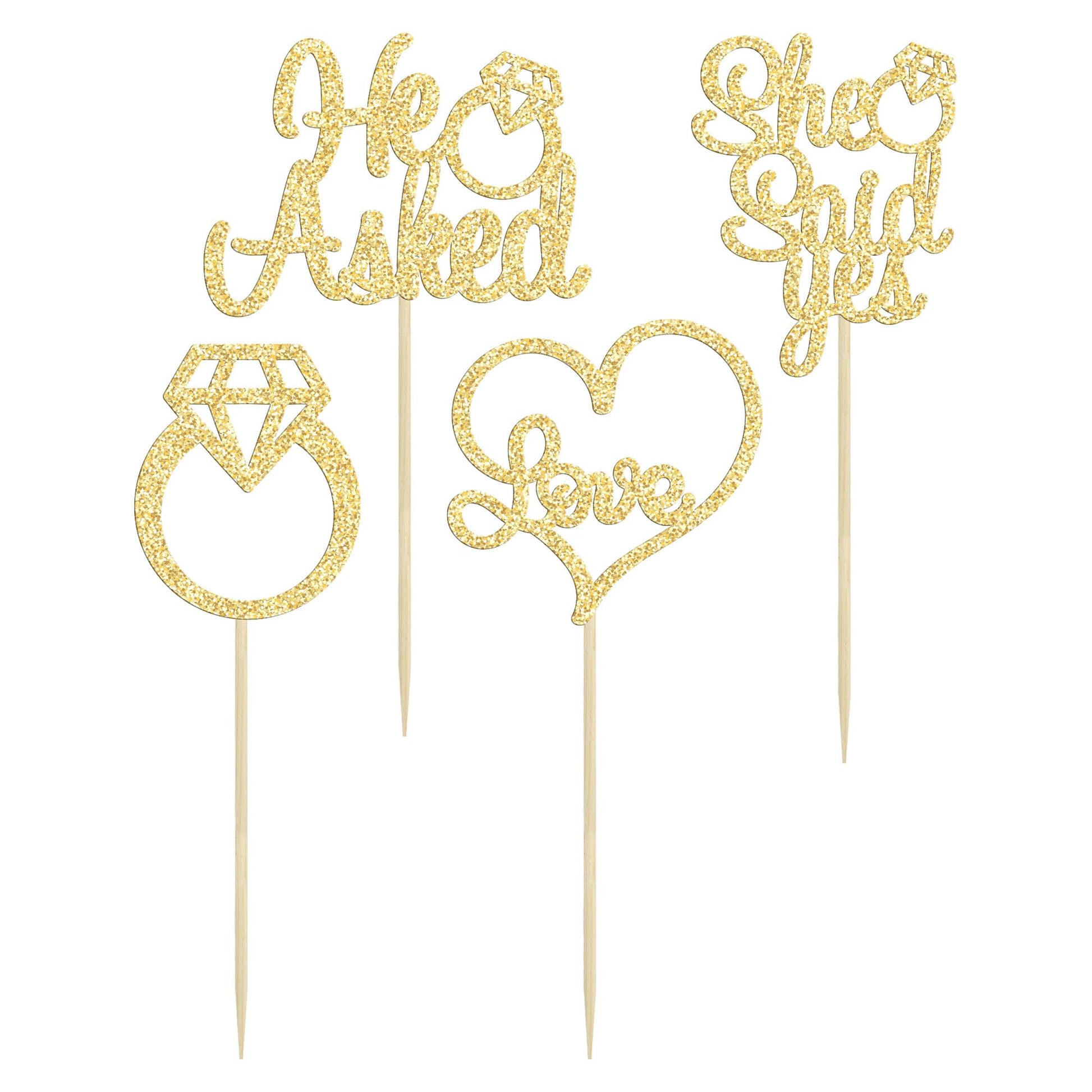 Gyufise He Asked She Said Yes Cupcake Toppers Gold Glitter Diamond Ring Heart Love Cake Picks for