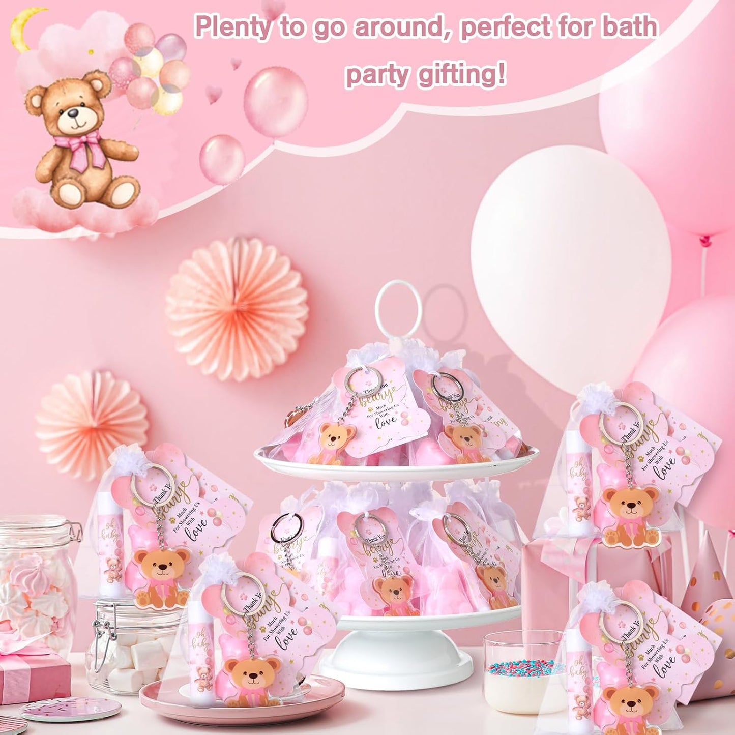 288 Baby Shower Favors Baby Shower Gifts Bulk Lip Balms Soaps Keychains Organza Bags Guest Appreciation Gift with Thank You Tags and Cards for Boys Girls Guest Gift(Pink,Bear)