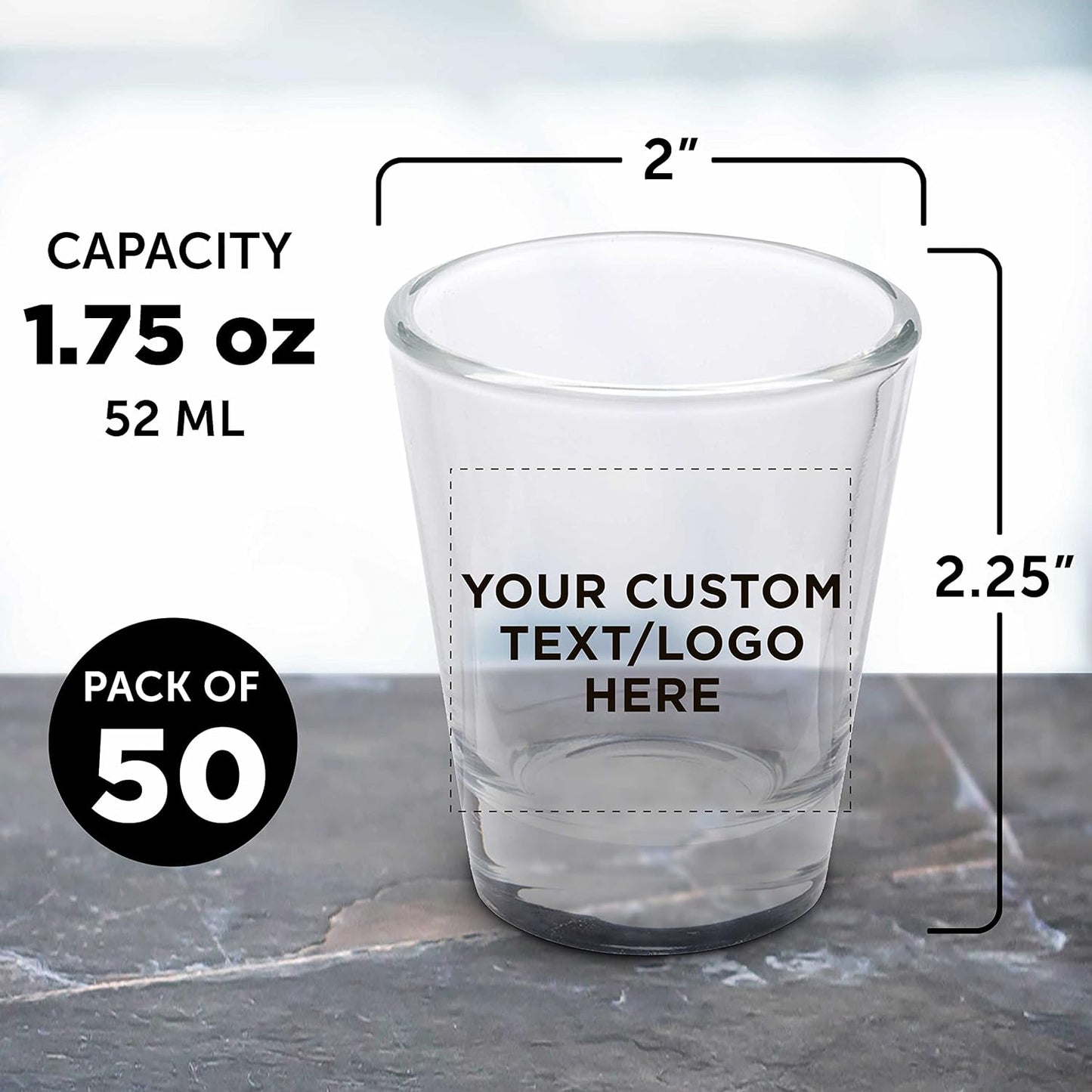 Custom Shot Glasses 1.75 oz. Set of 50, Personalized Bulk Pack - Great for Wedding Favors, Bachelorette Party Decorations, Party Fovors, Color Bottom - Clear