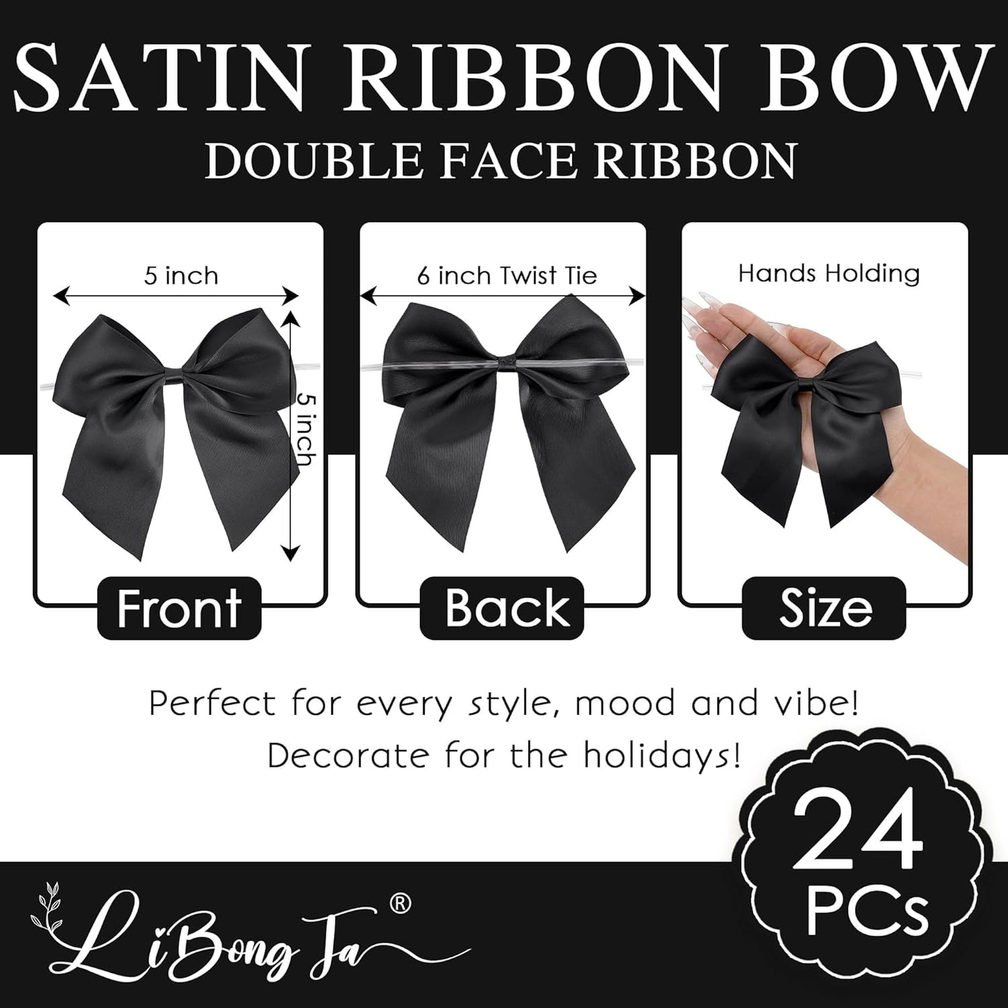 5'' Black Bow Party Decorations Satin Bows, Twist Tie Bows for Treat Bags, Cake Pops, Pre-Tied Bow Premade Ribbon Bows for Crafts, Holiday Bows for Gift Wrapping, Wedding Decor-24 Counts