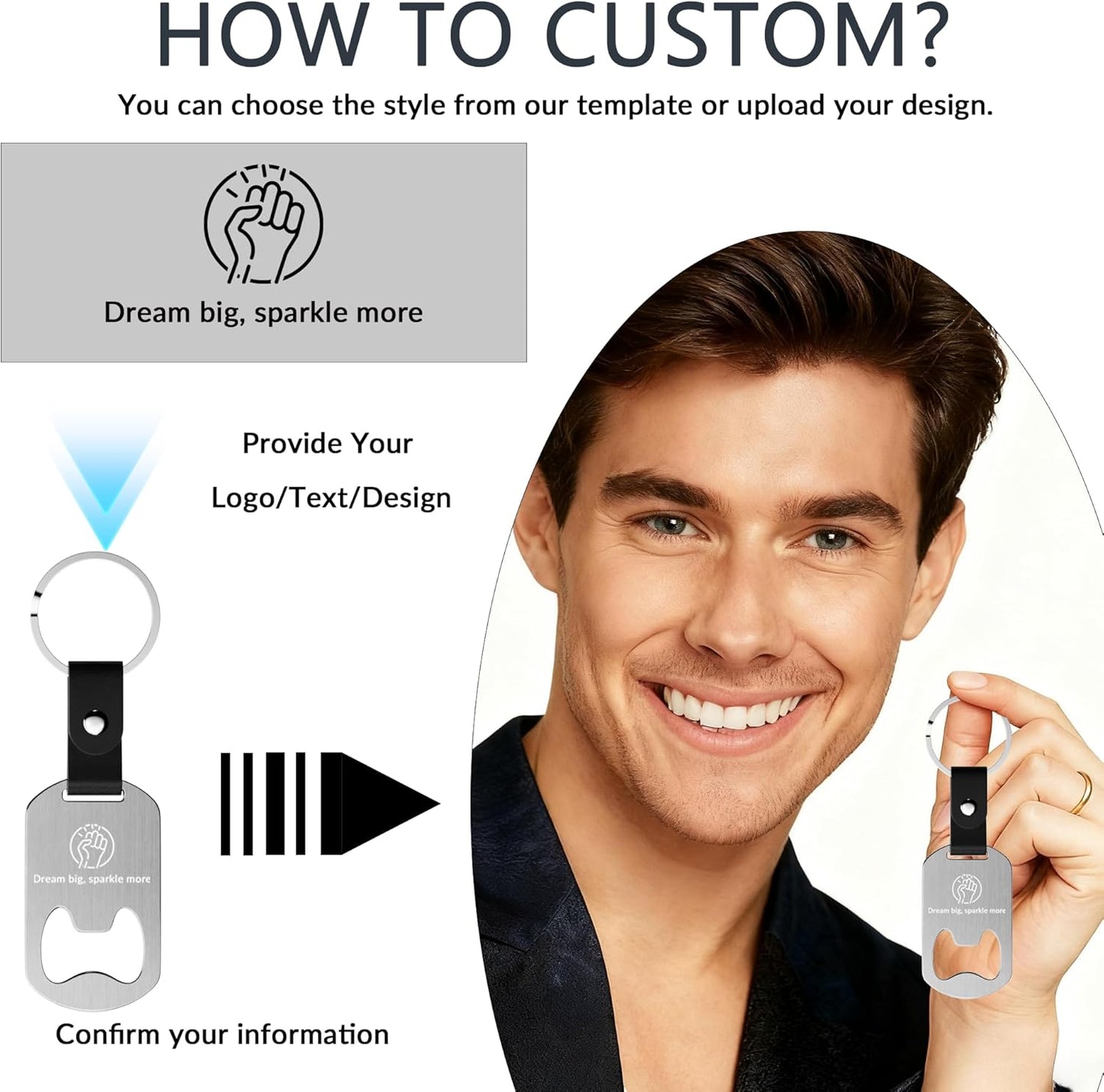 2 in 1 Personalized Bottle Openers Keychains Bulk,Pack 5-100 Flat Metal Custom Keychain with Your Text/Logo/QR Code, Unique Multitools for Wedding Party Favor, Bar, Promotion, Gift (Silver)