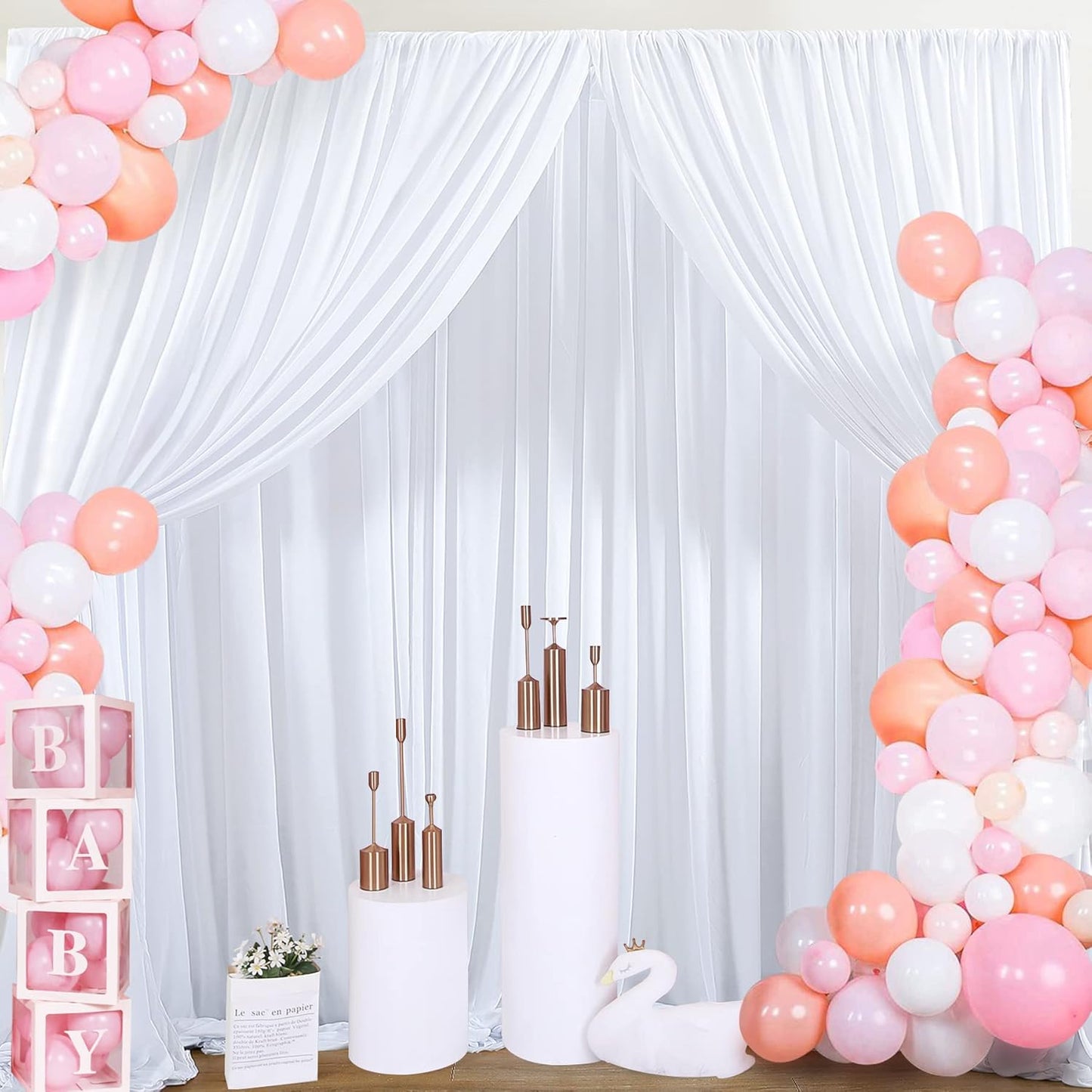 40 ft x 8 ft White Backdrop Curtain Drapes for Wedding Parties, 8 Panels 5 ft x 8 ft Wrinkle Free Polyester Photo Backdrop Drapes for Birthday Party Baby Shower Backdrop Stand