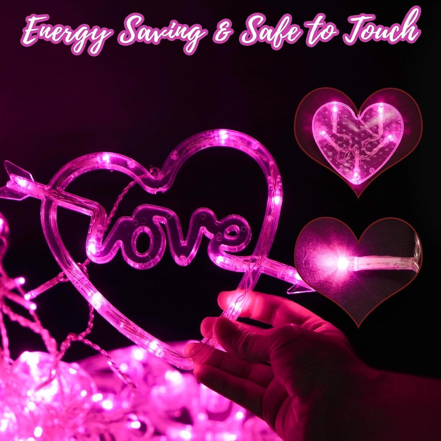 Valentines Day Decor, 138LED Love Heart Curtain Lights with Remote 8 Modes for Bedroom, USB and Battery Powered Valentines Lights for Wedding Birthday Anniversaries Party Decor (Pink)