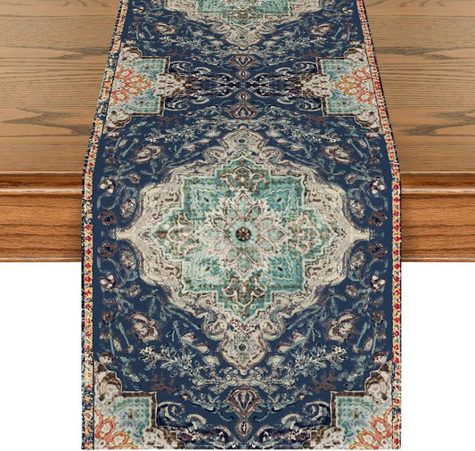 Artoid Mode Boho Bohemia Style Blue Table Runner, Country Rustic Farmhouse Magical Winter Kitchen Dining Table Decoration for Home Party Decor 13x72 Inch