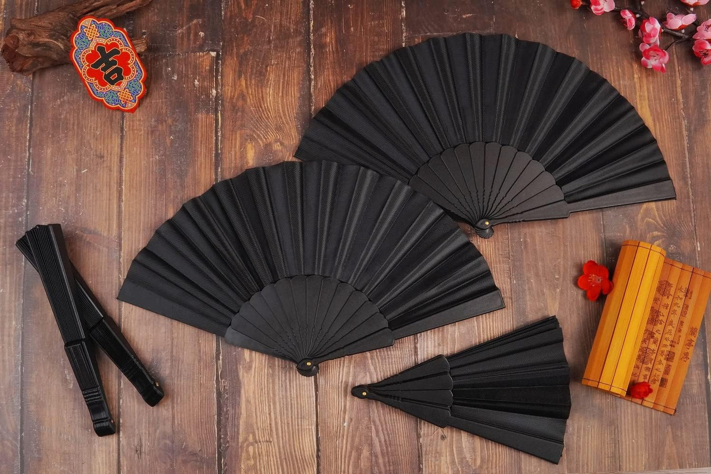 HUNANBANG 1 Dozen 12 Pieces Folding Hand Fans Church Wedding Gift, Party Favors, DIY Decoration Gift Size9 Wholesale 12pack (Black)