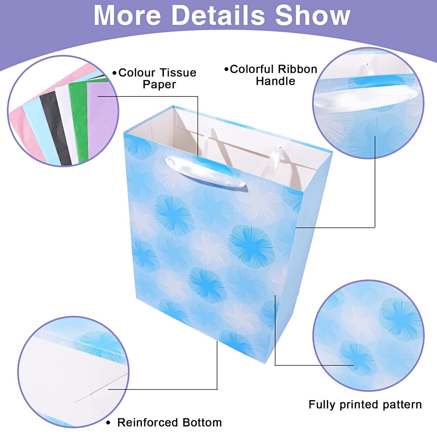 12 Pack Gift Bags Assorted Sizes and Designs, Gift Bags Bulk with Tissue Paper (5 Medium 8", 4