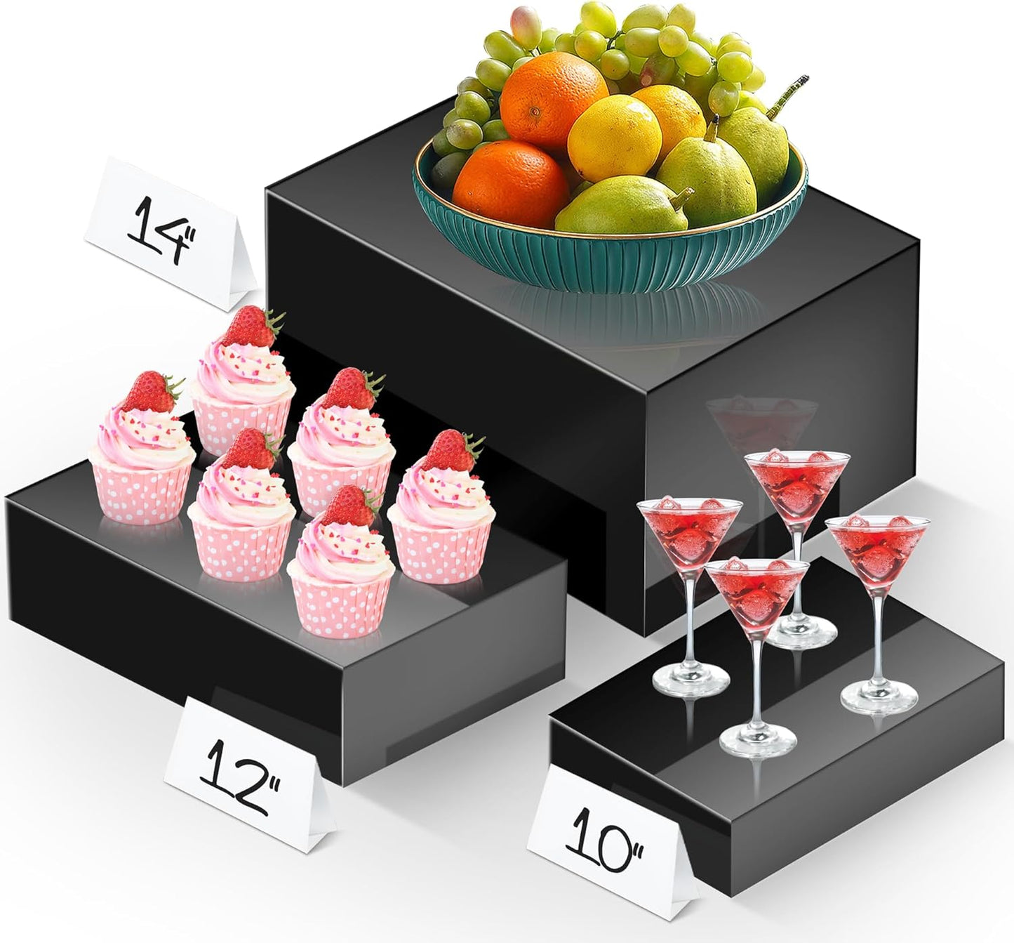 Extra Large Buffet Risers Set, 10" 12" 14" White Acrylic Food Risers for Buffet Table, Display Stand Shelf with Hollow Bottoms for Catering Dessert Collectibles Jewelry Figures Show(Black)