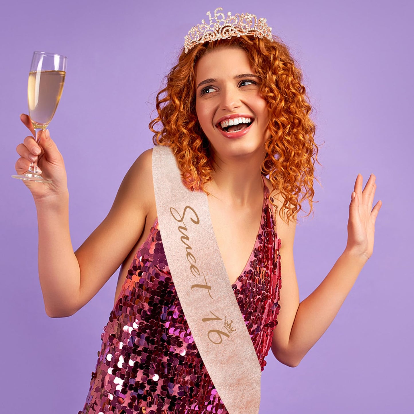 Semato Sweet 16 Party Decorations Set - 16th Birthday Crown and Sash Glitter Kit for Girls Party