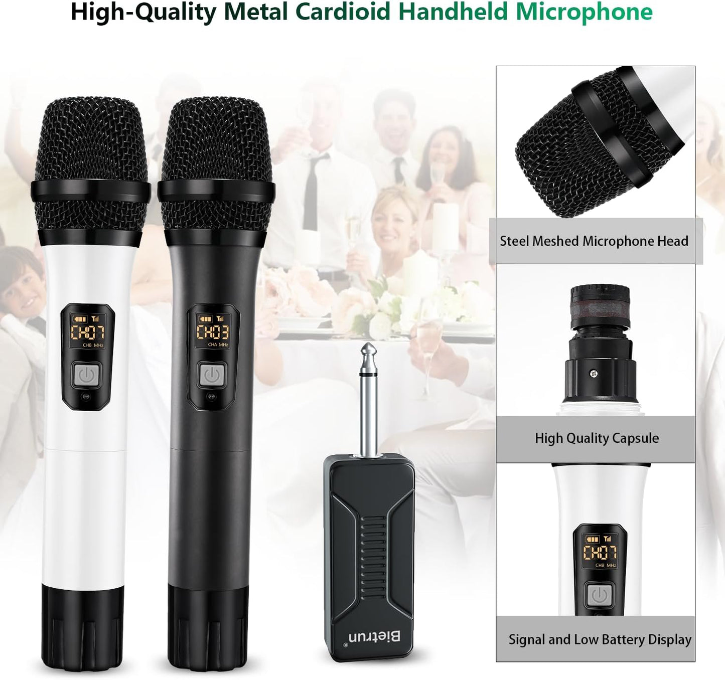 Wireless Microphone, Bietrun UHF Metal Dual Handheld Cordless Dynamic Mic System with Rechargeable Receiver, 1/4‘’Output, for Karaoke, Church, Speech, Wedding, Party Singing(160 ft Range)-Auto Connect