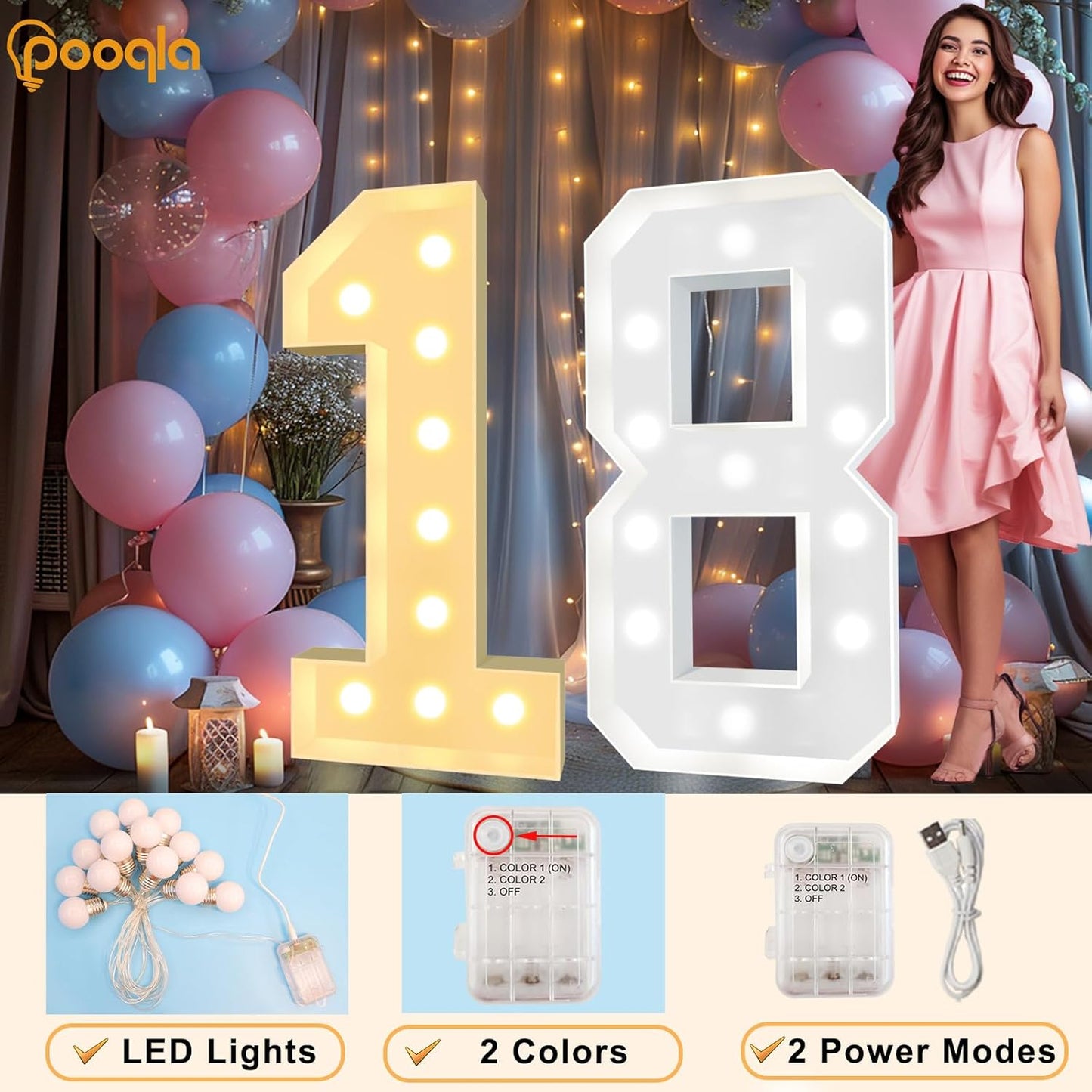 Pooqla 4 FT Light Up Marquee Numbers, LED Large Lighted Marquee Numbers, Giant Mosaic Light Up Number for Balloons 5th 15th 50th Birthday Party Decoration, Cool White and Warm White LED 5