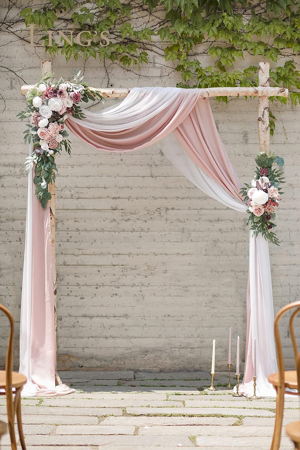 Ling's Moment Pink Mauve Artificial Wedding Arch Flowers Kit Pack of 4, 2pcs Hanging Flower Arrangement 2pcs Chiffon Drapes Spring Ceremony Reception Fake Rose Arbor Backdrop Floral Outdoor Decor