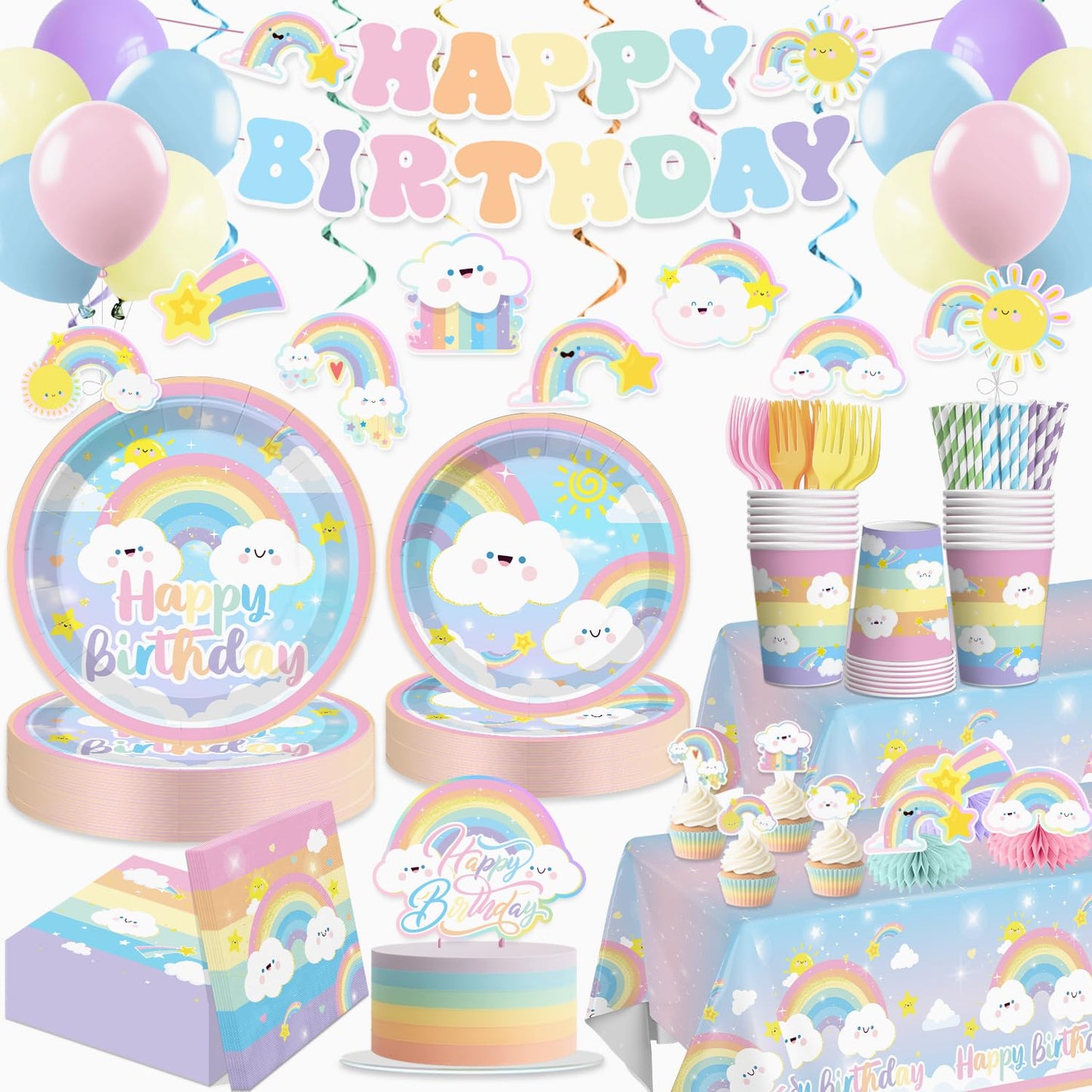 Xynic 174pcs Rainbow Birthday Decorations Tableware Complete Party Set