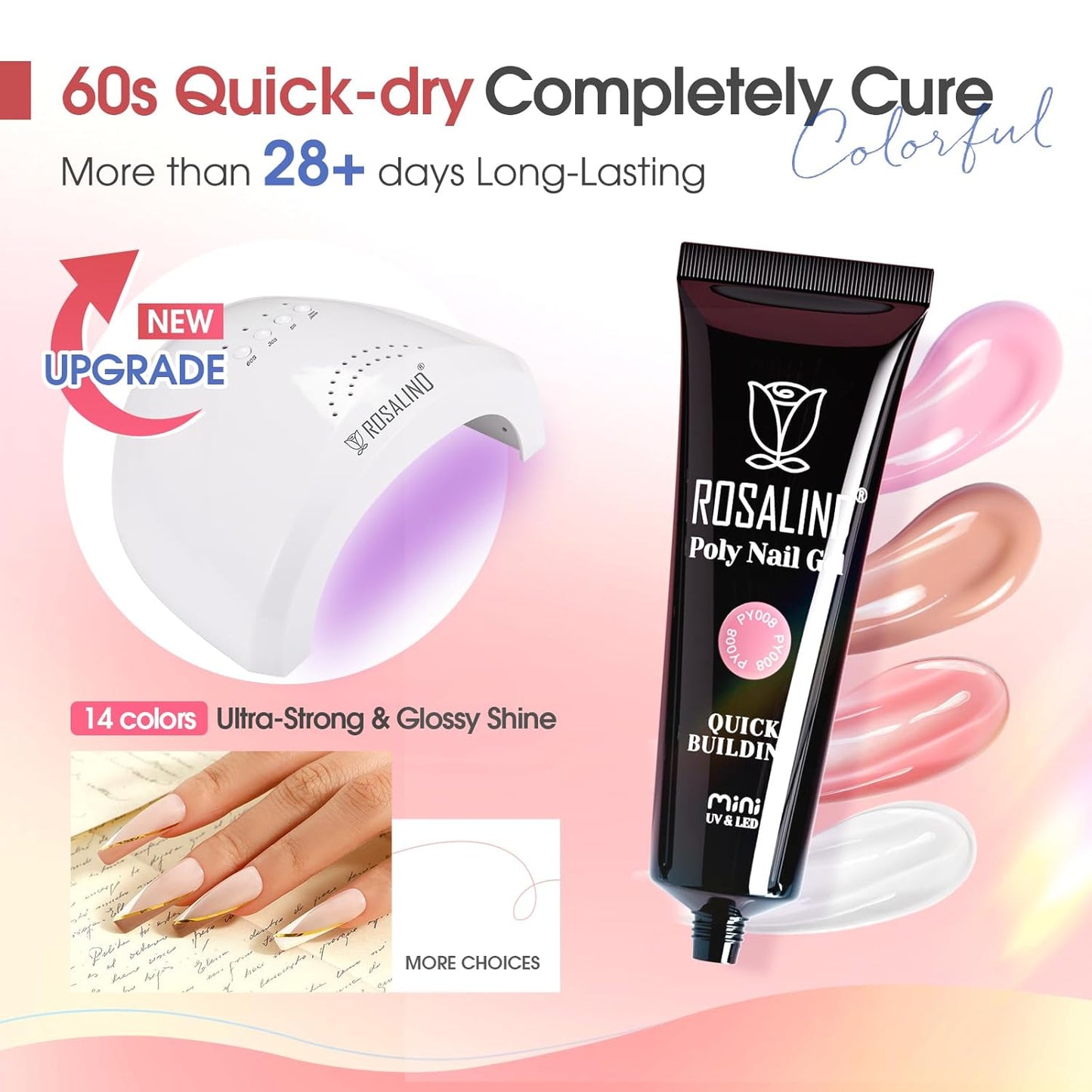 Poly Nail Gel Starter Kit -14 Colors + 75 Nails Art Accessories Kits, ROSALIND Nue Clear Poly Extension Gel with Big UV Light 48W and Electric Nail Drill Starter Kit with Everything