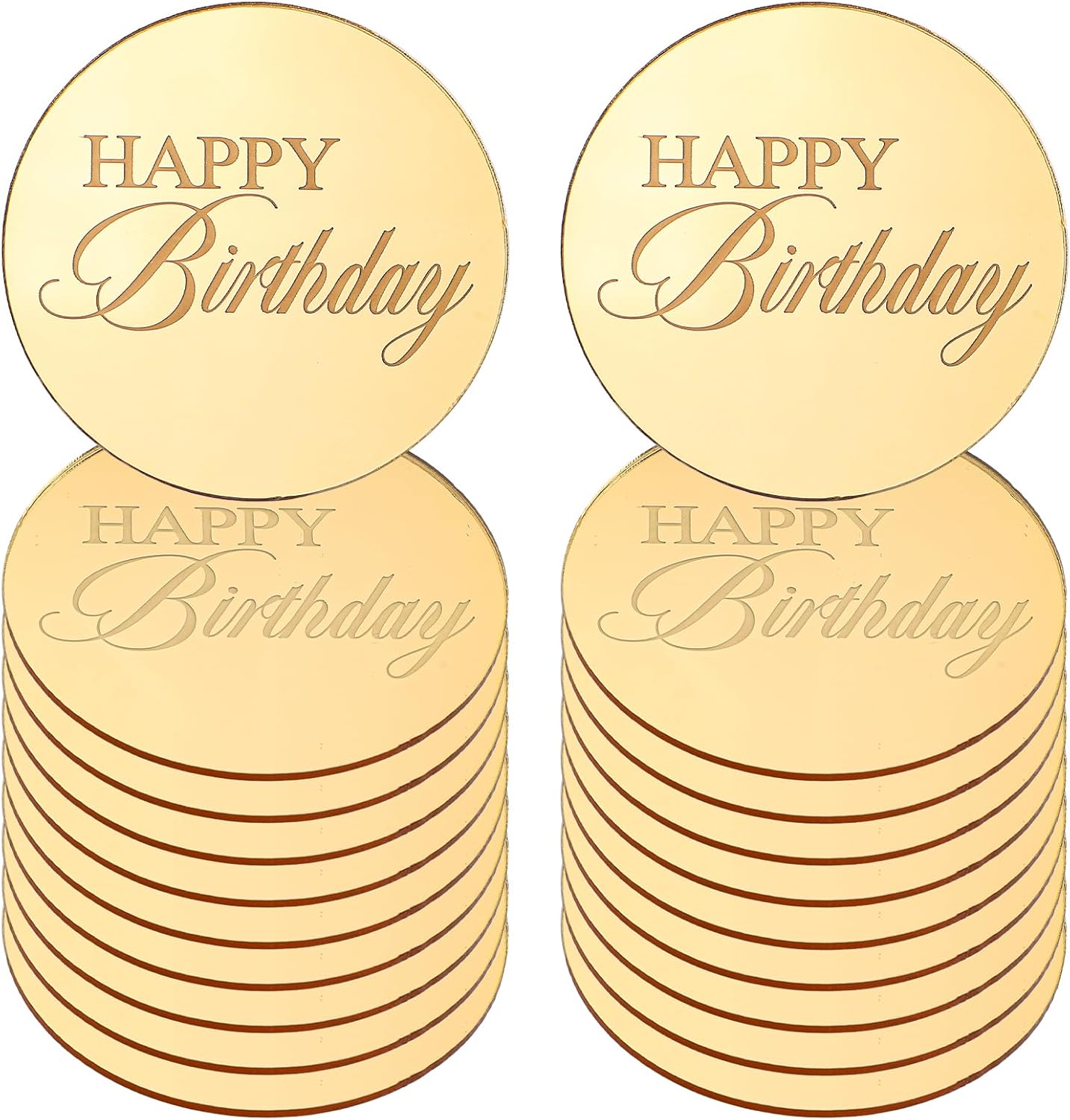 Mirror Round Cupcake Toppers Acrylic Circle Happy Birthday Cupcake Toppers, 20PCS Happy Birthday Cake Decorations, Round Engraved Cake Picks, Reusable Party Supplies, Gold